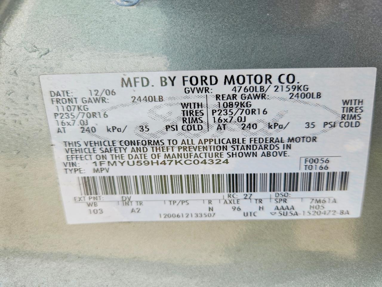 2007 Ford Escape Hev Green vin: 1FMYU59H47KC04324
