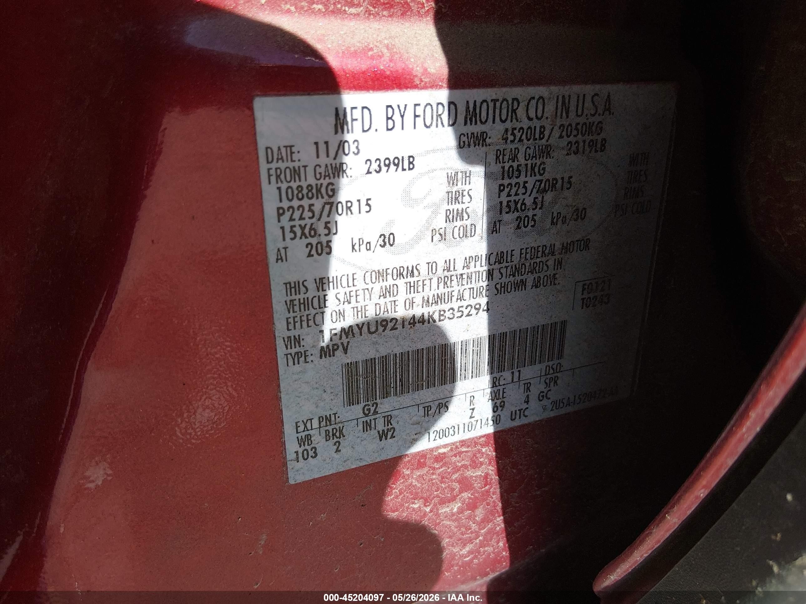 2004 Ford Escape Xls Red vin: 1FMYU92144KB35294