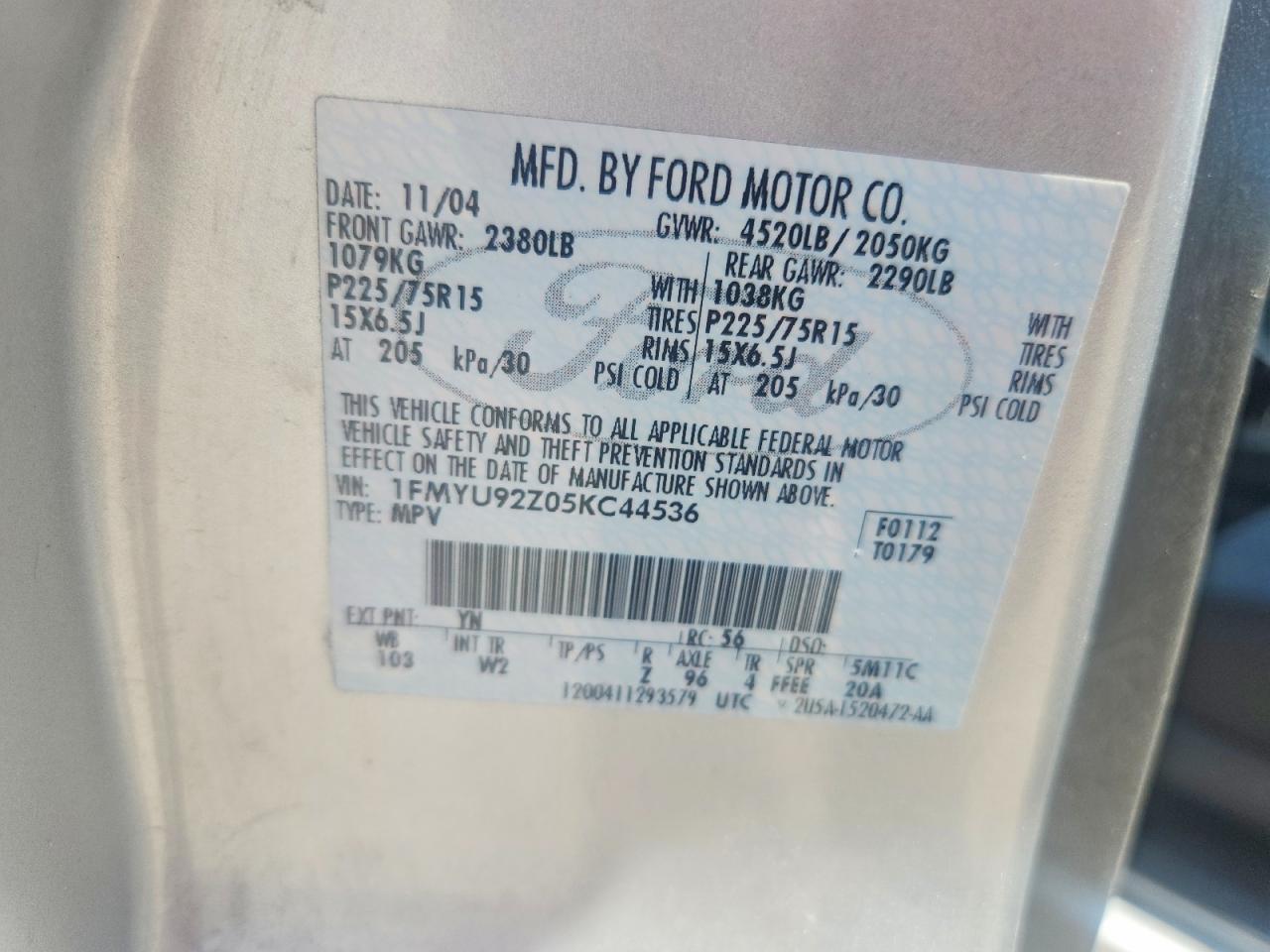 2005 Ford Escape Xls Silver vin: 1FMYU92Z05KC44536