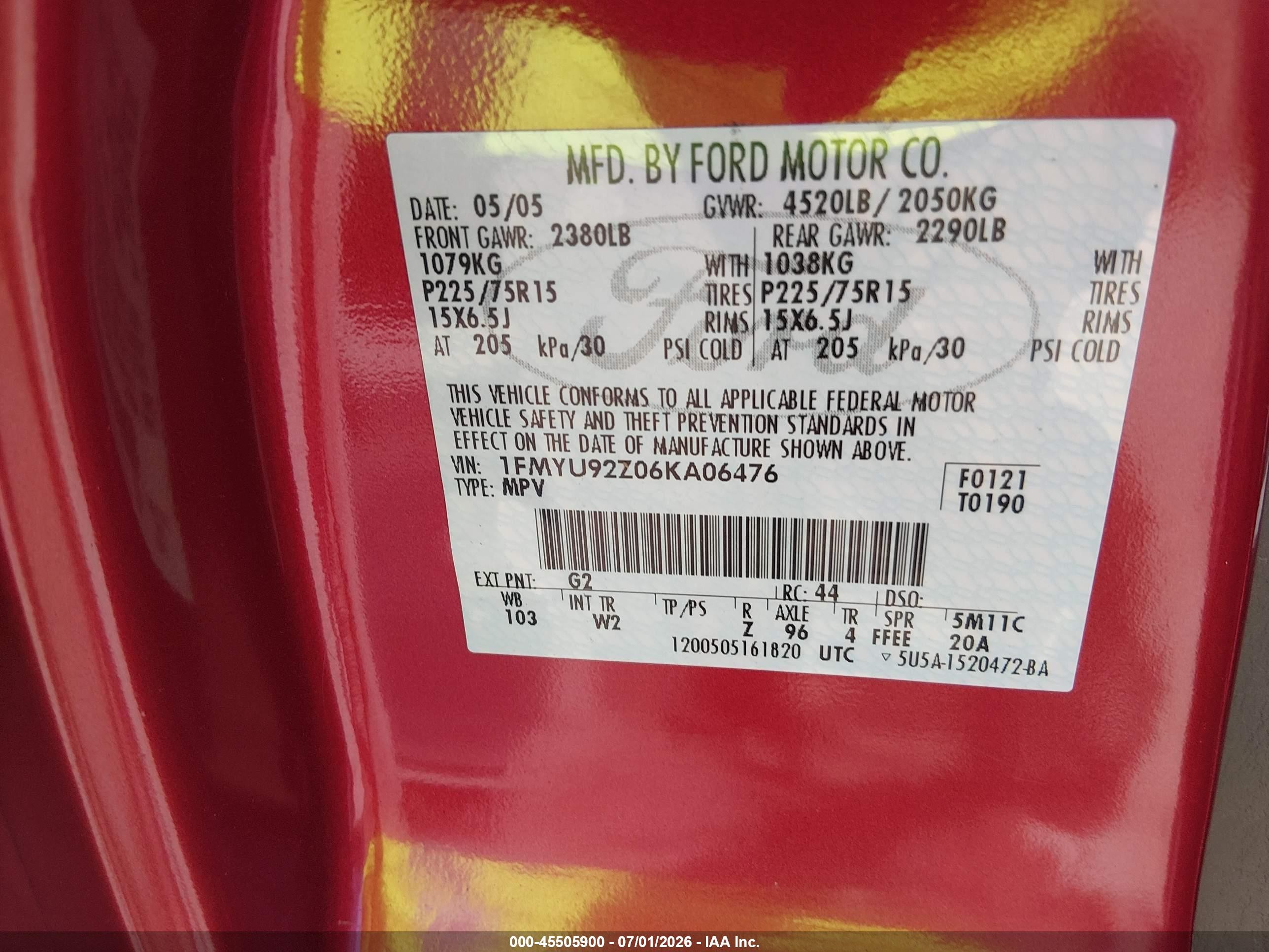 2006 Ford Escape Xls/xls Manual Red vin: 1FMYU92Z06KA06476