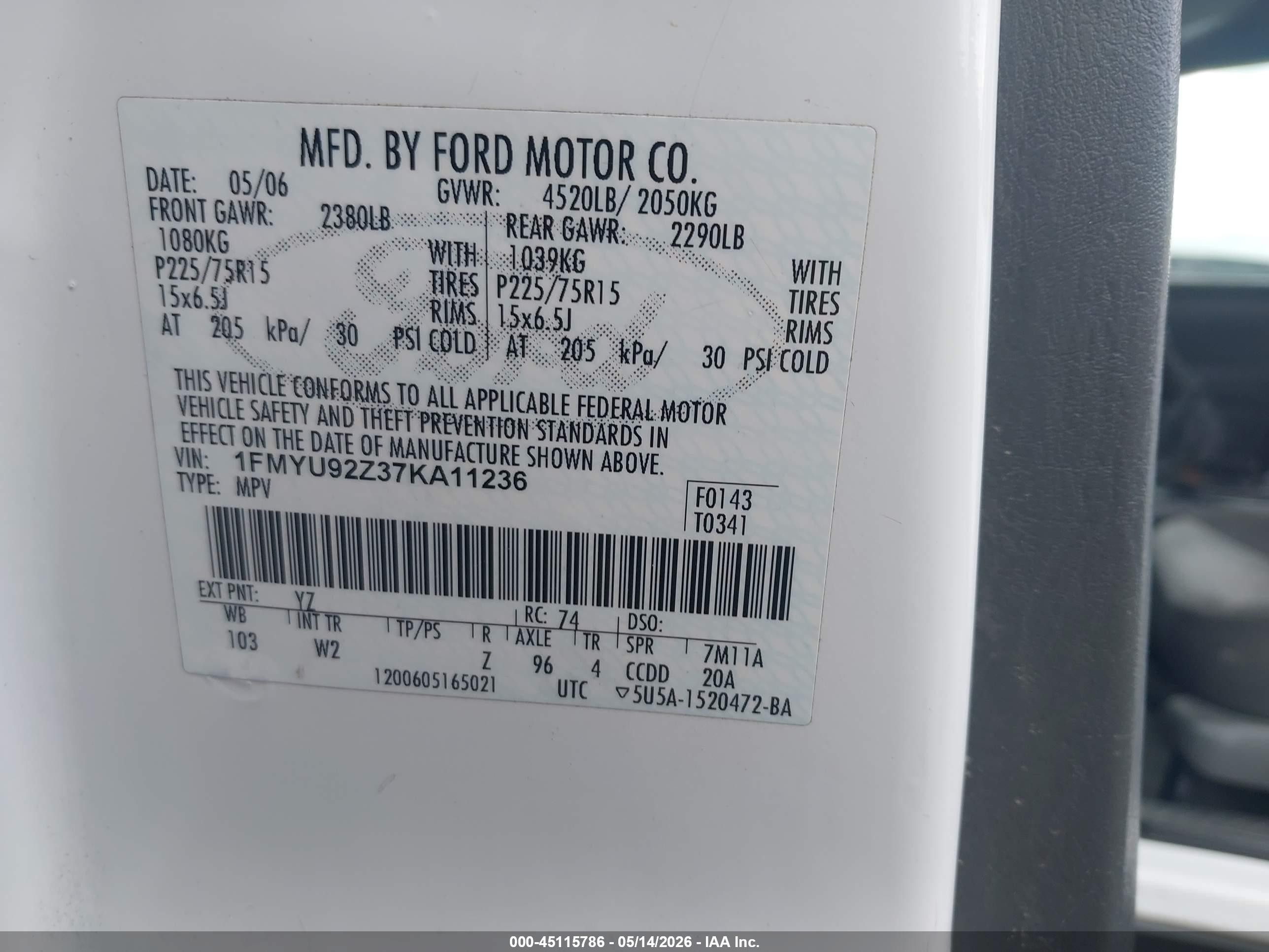 2007 Ford Escape Xls/xls Manual Белый vin: 1FMYU92Z37KA11236