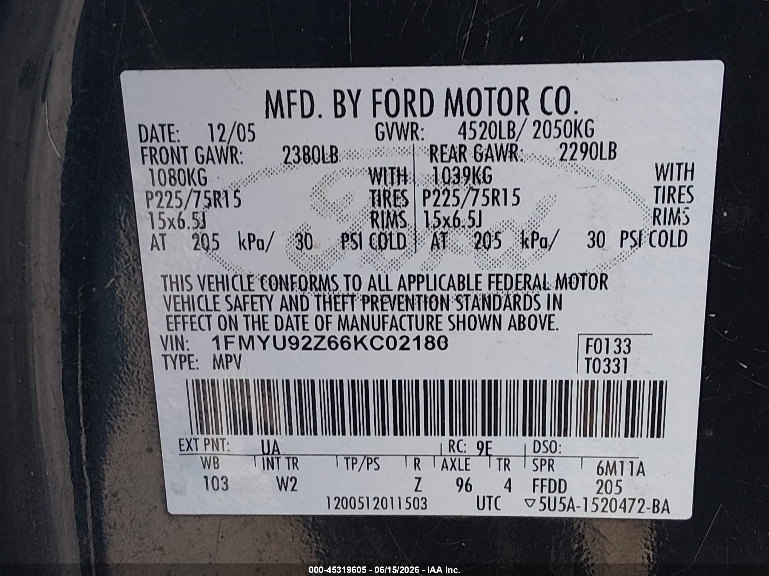 2006 Ford Escape Xls/xls Manual Black vin: 1FMYU92Z66KC02180