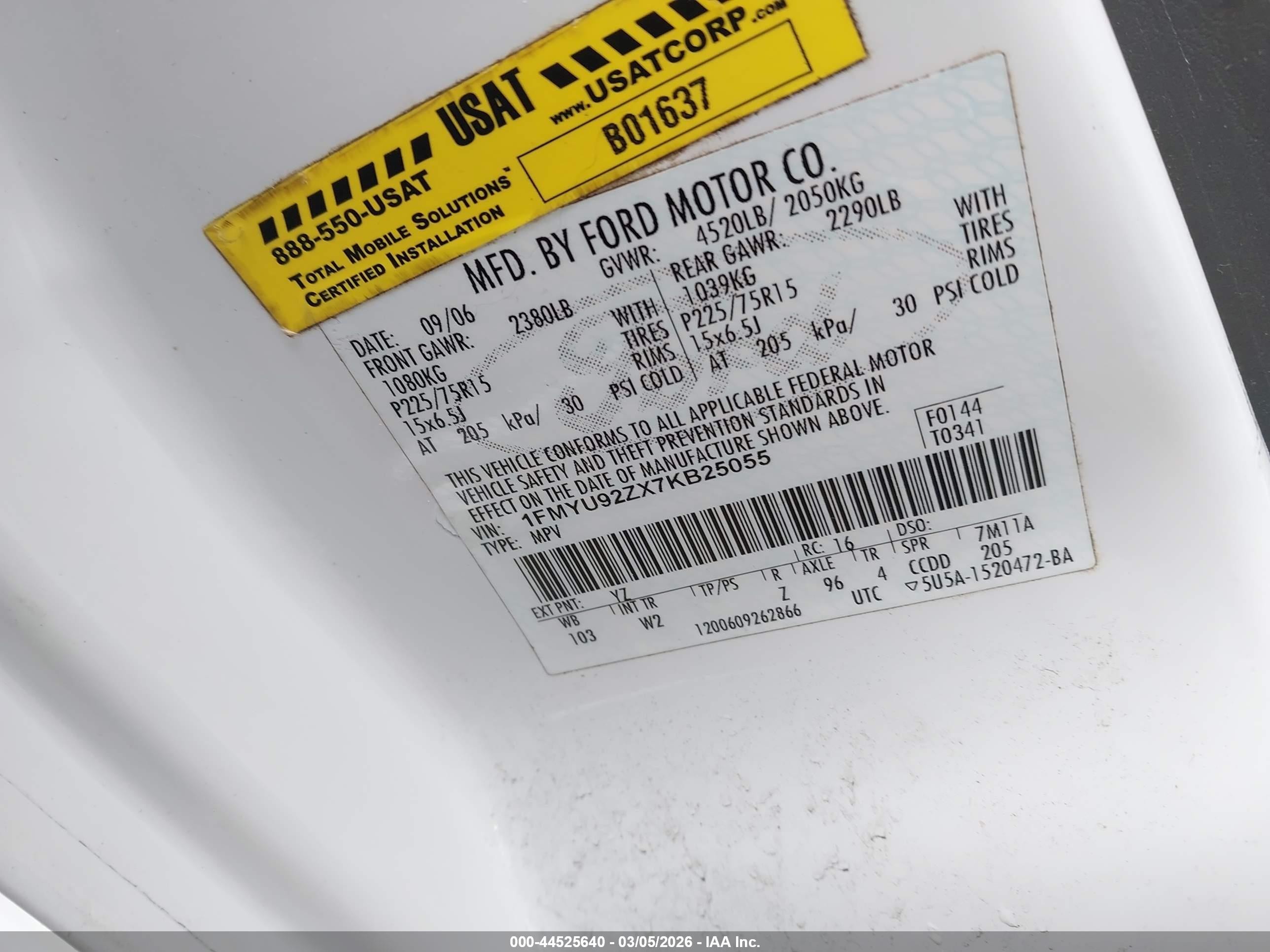 2007 Ford Escape Xls/xls Manual White vin: 1FMYU92ZX7KB25055