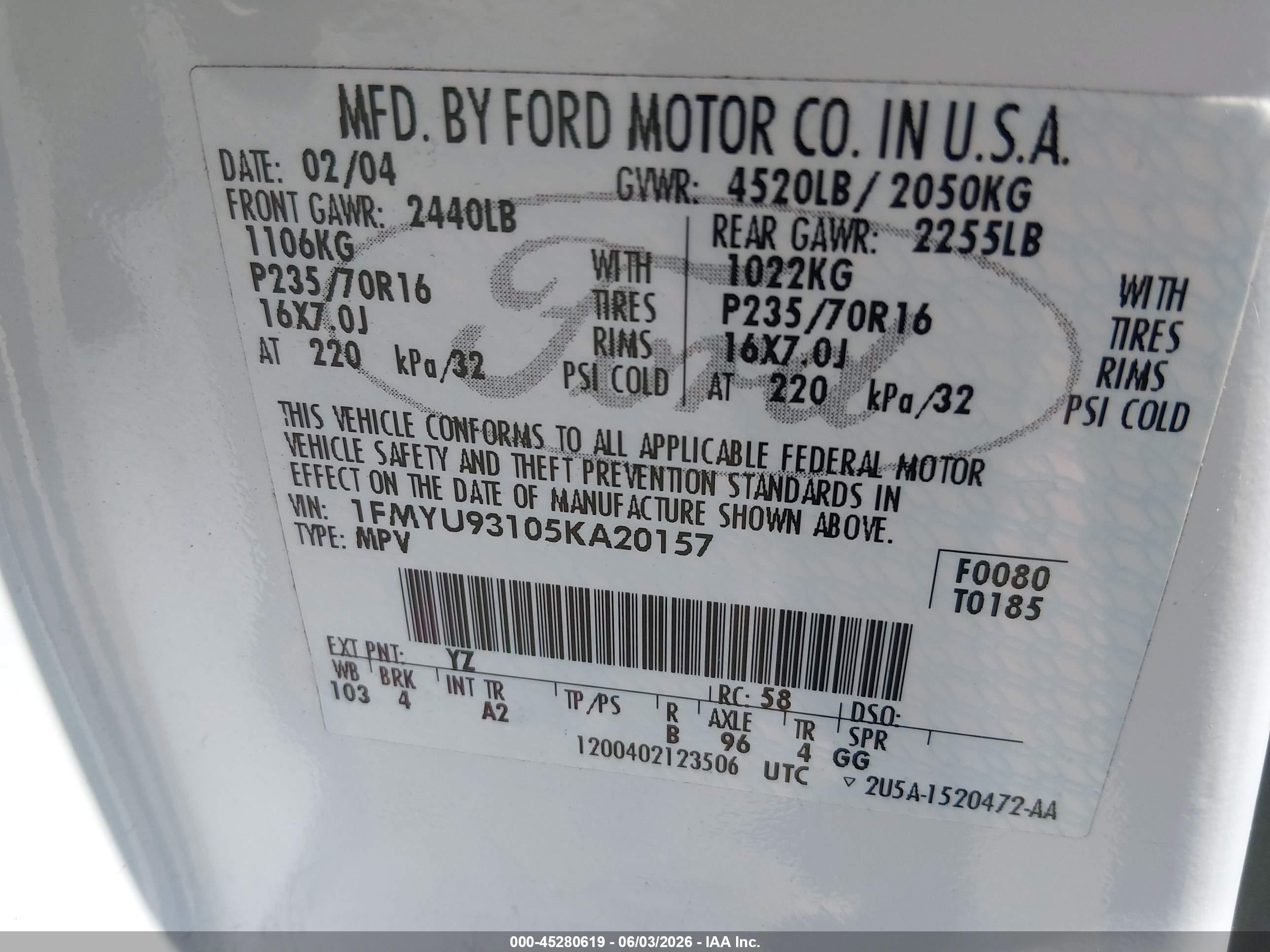 2005 Ford Escape Xlt White vin: 1FMYU93105KA20157