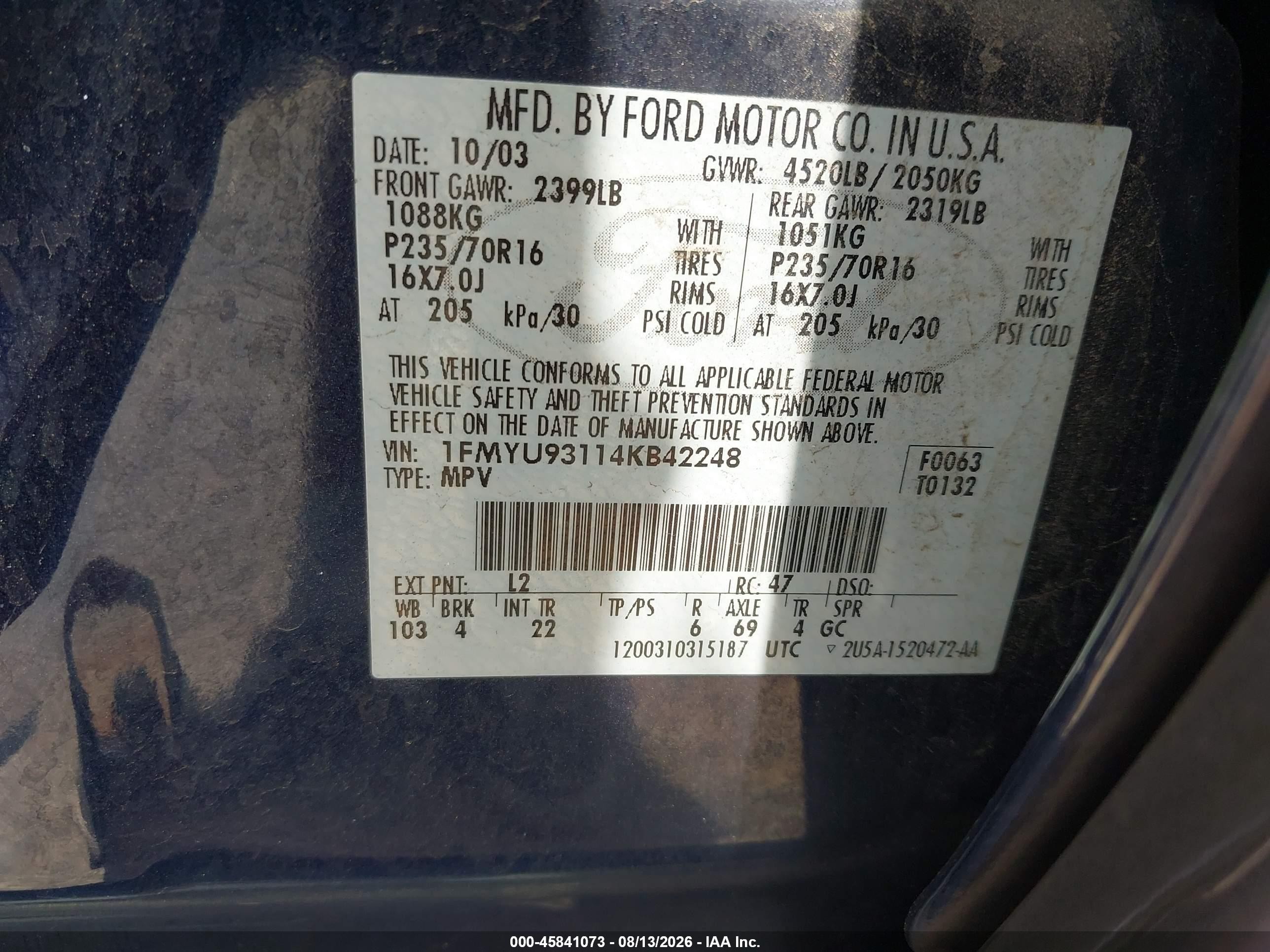 2004 Ford Escape Xlt Blue vin: 1FMYU93114KB42248