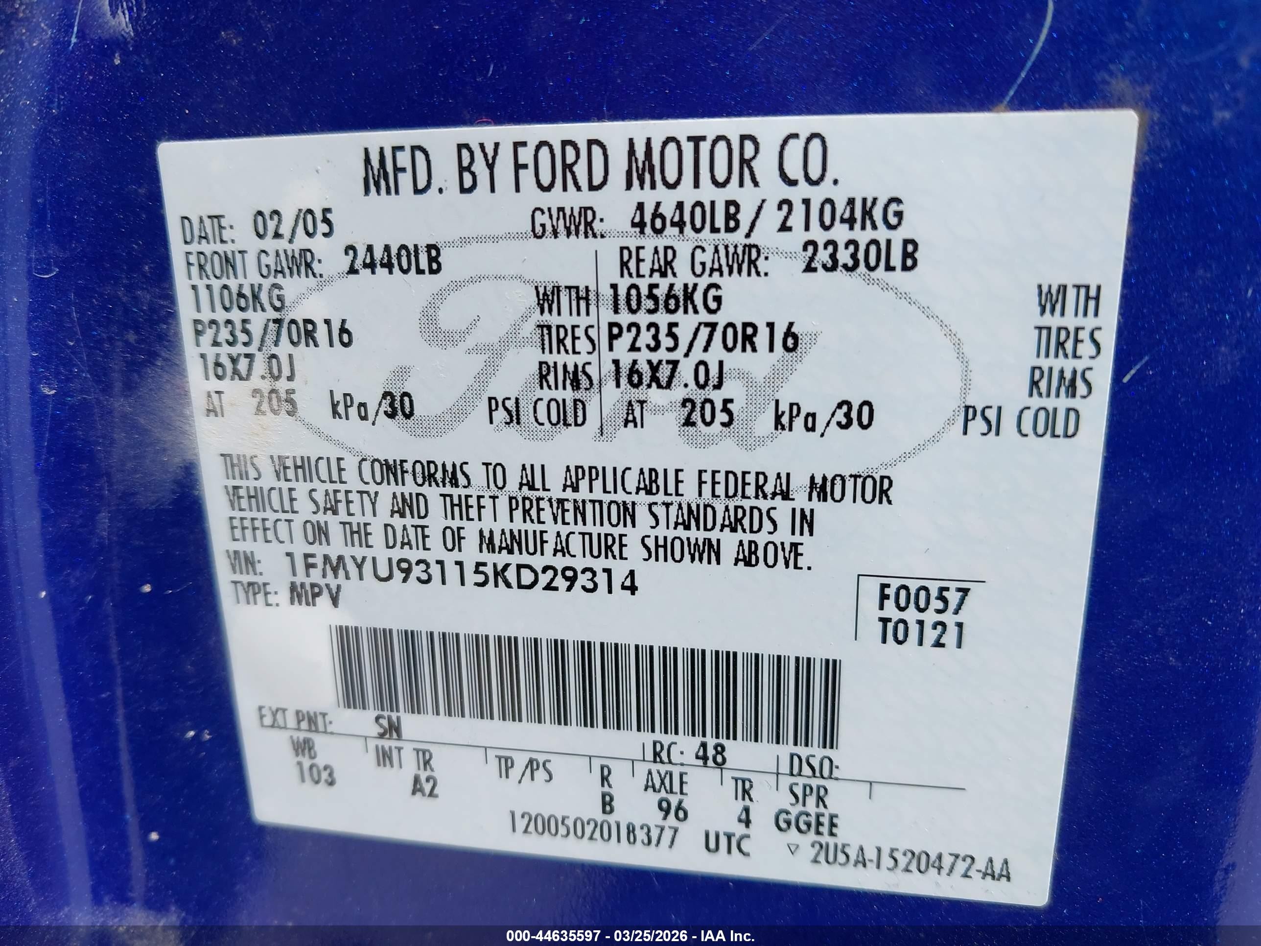 2005 Ford Escape Xlt Dark Blue vin: 1FMYU93115KD29314