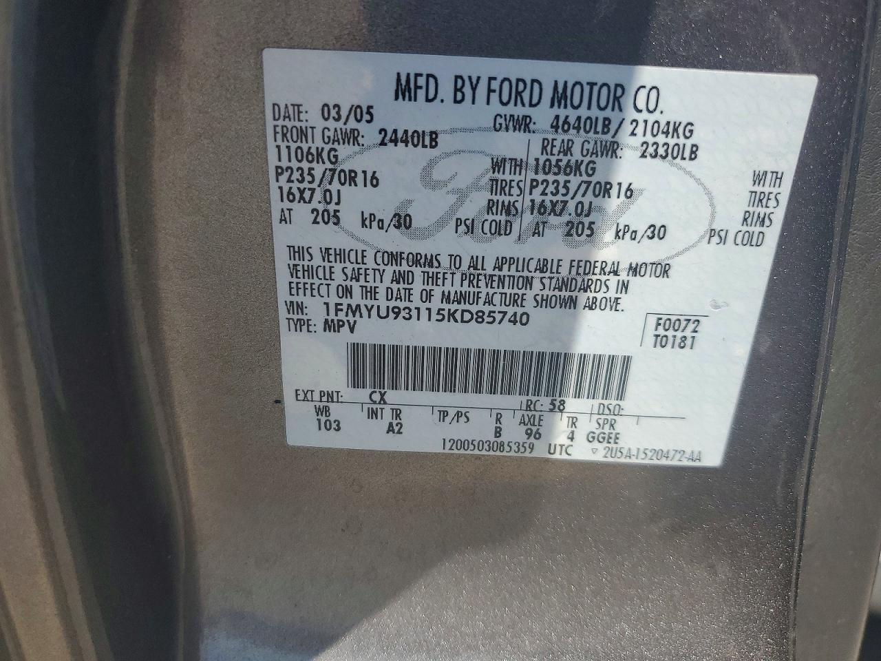 2005 Ford Escape Xlt Charcoal vin: 1FMYU93115KD85740