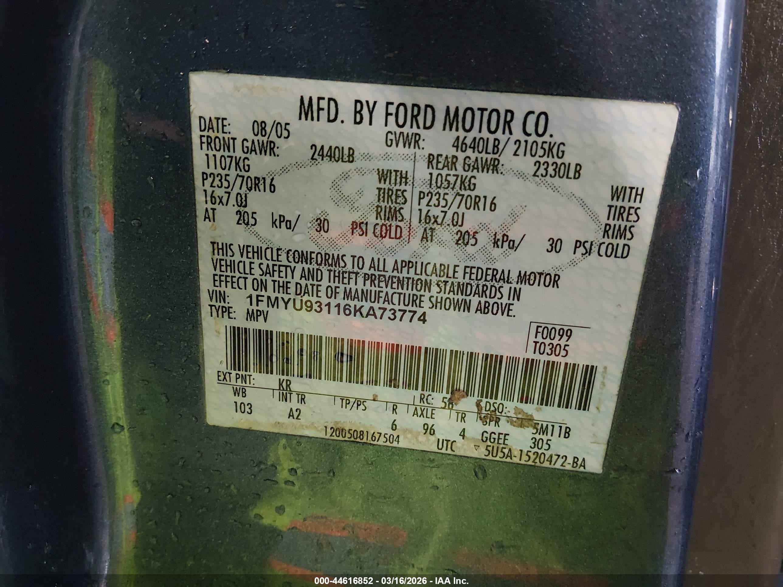 2006 Ford Escape Xlt/xlt Sport Light Blue vin: 1FMYU93116KA73774