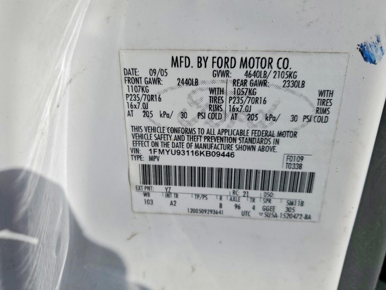 2006 Ford Escape Xlt White vin: 1FMYU93116KB09446