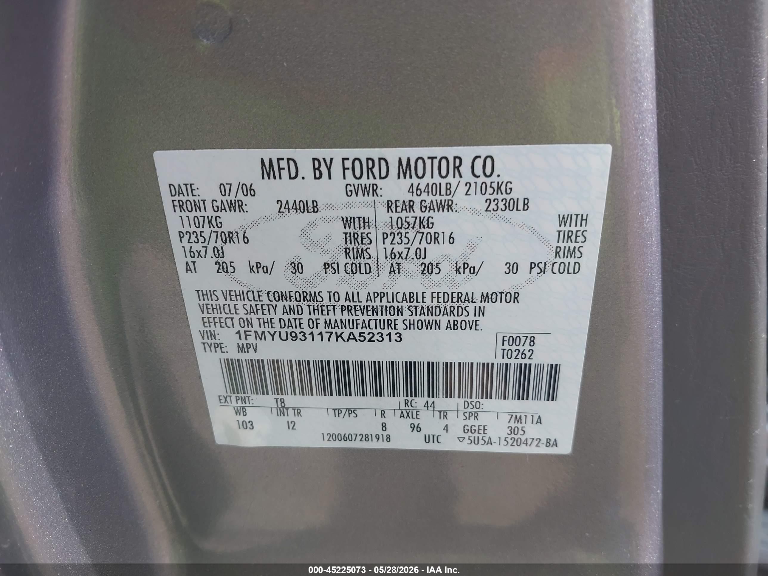 2007 Ford Escape Xlt/xlt Sport Серый vin: 1FMYU93117KA52313