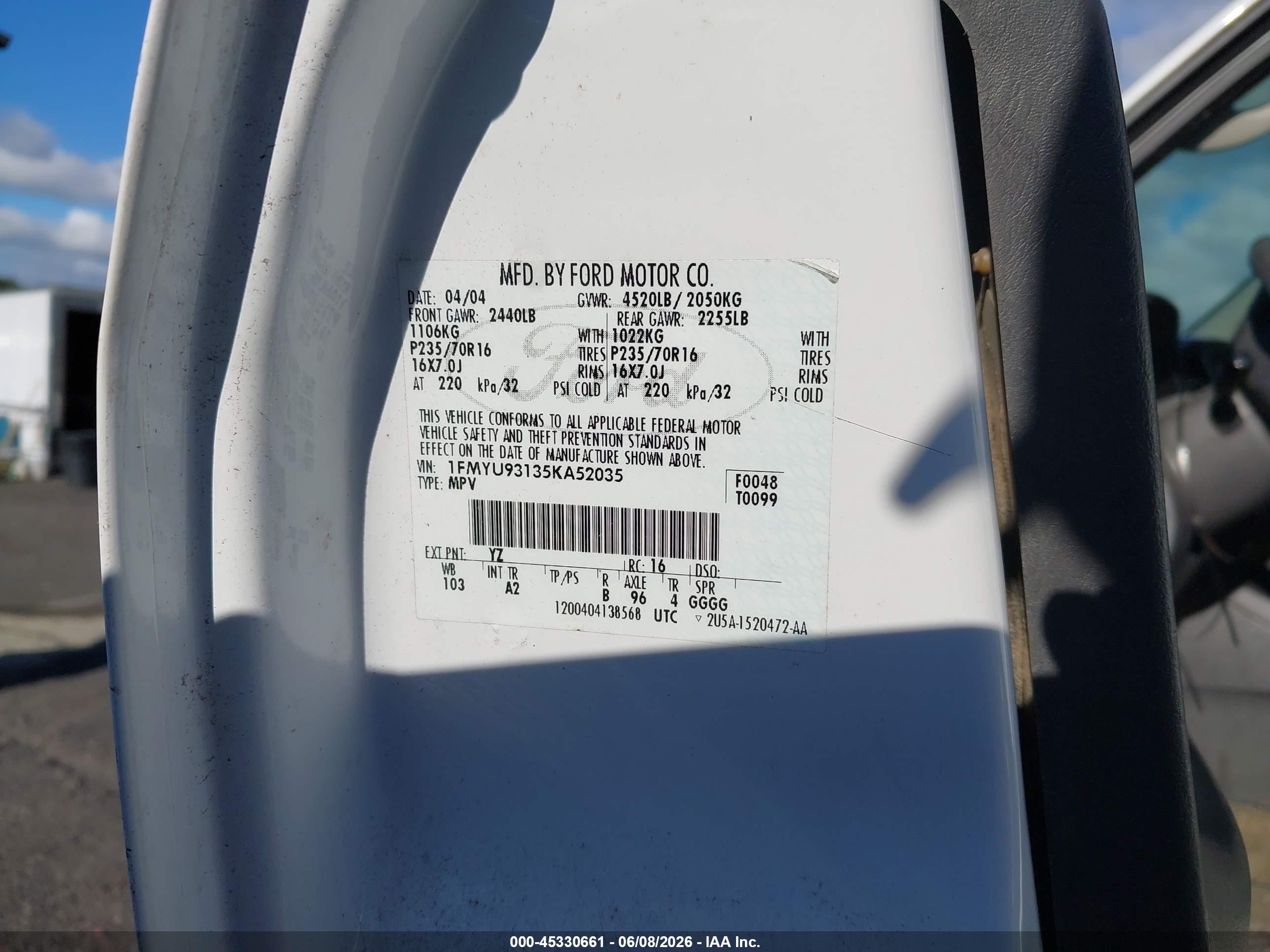 2005 Ford Escape Xlt White vin: 1FMYU93135KA52035