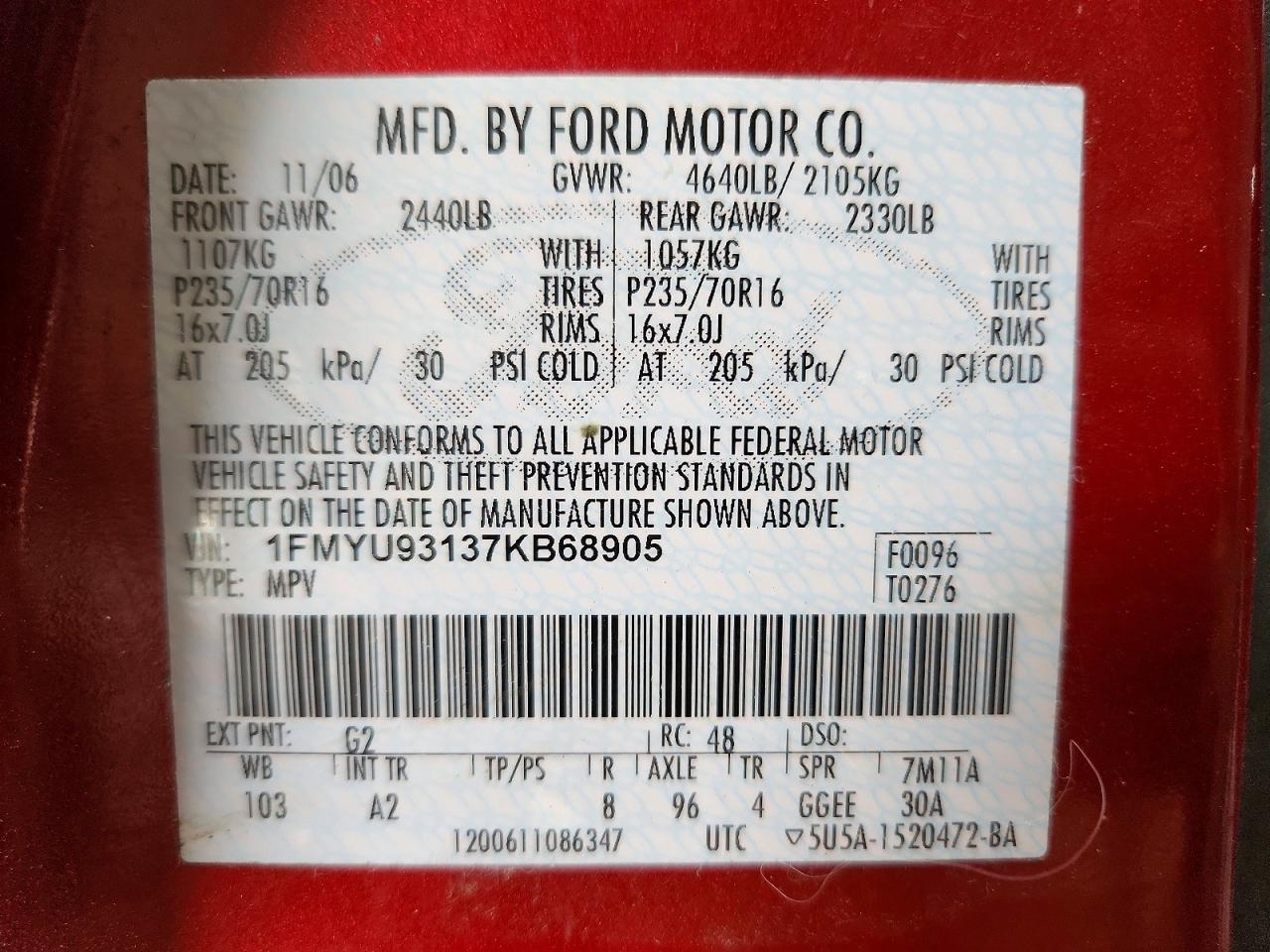 2007 Ford Escape Xlt Burgundy vin: 1FMYU93137KB68905