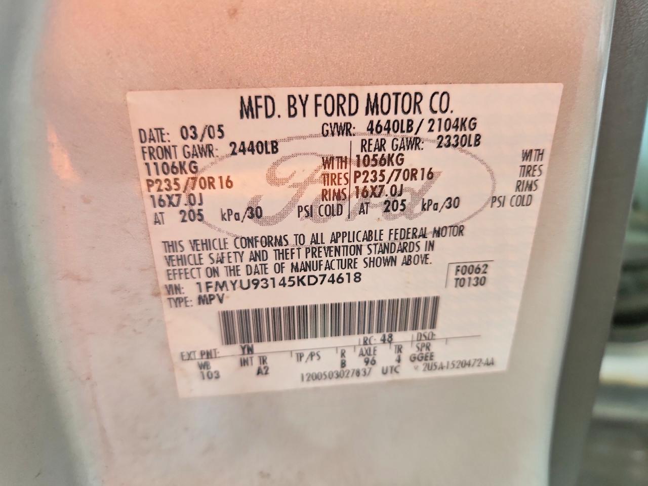 2005 Ford Escape Xlt Silver vin: 1FMYU93145KD74618