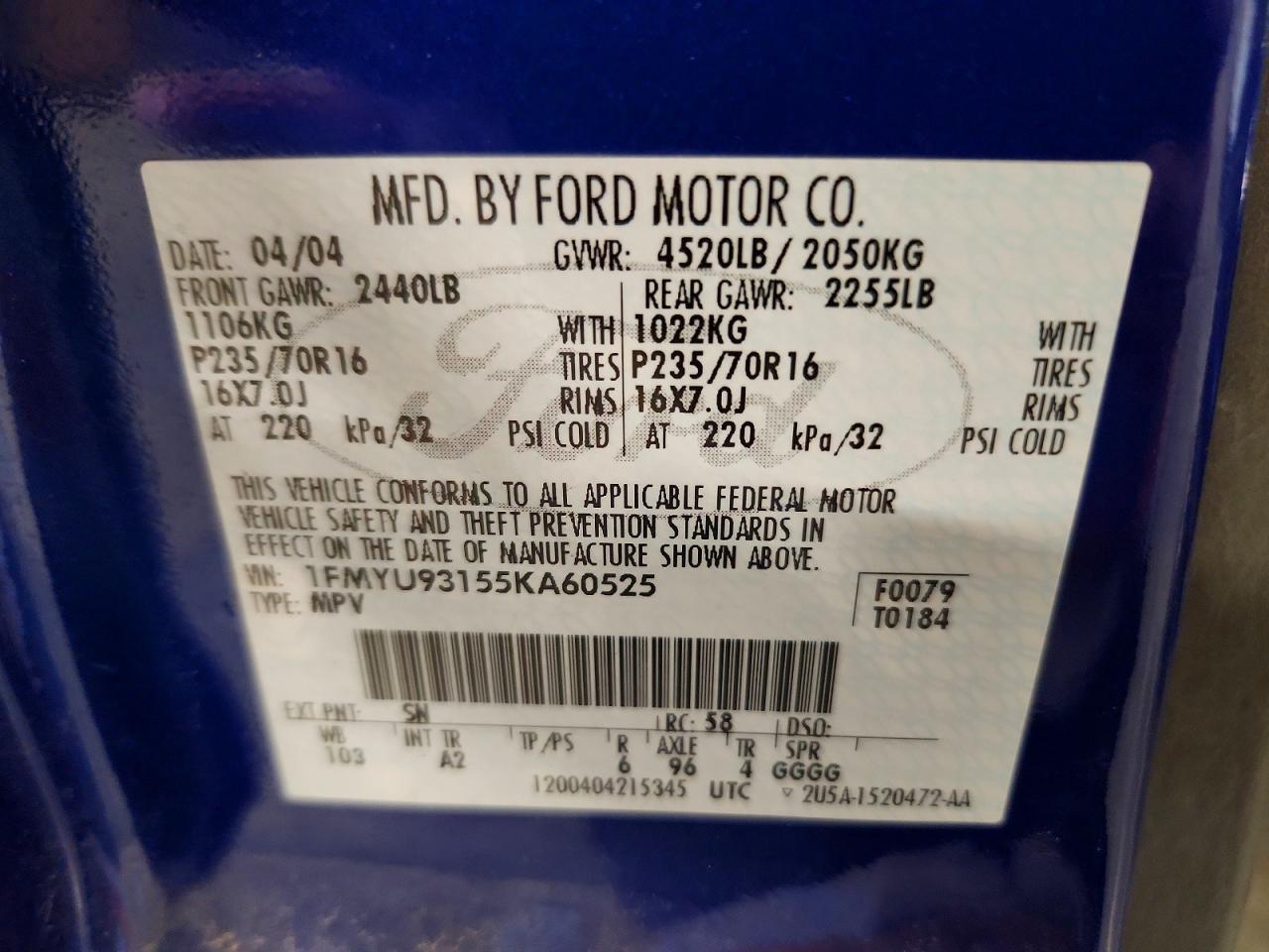 2005 Ford Escape Blue vin: 1FMYU93155KA60525