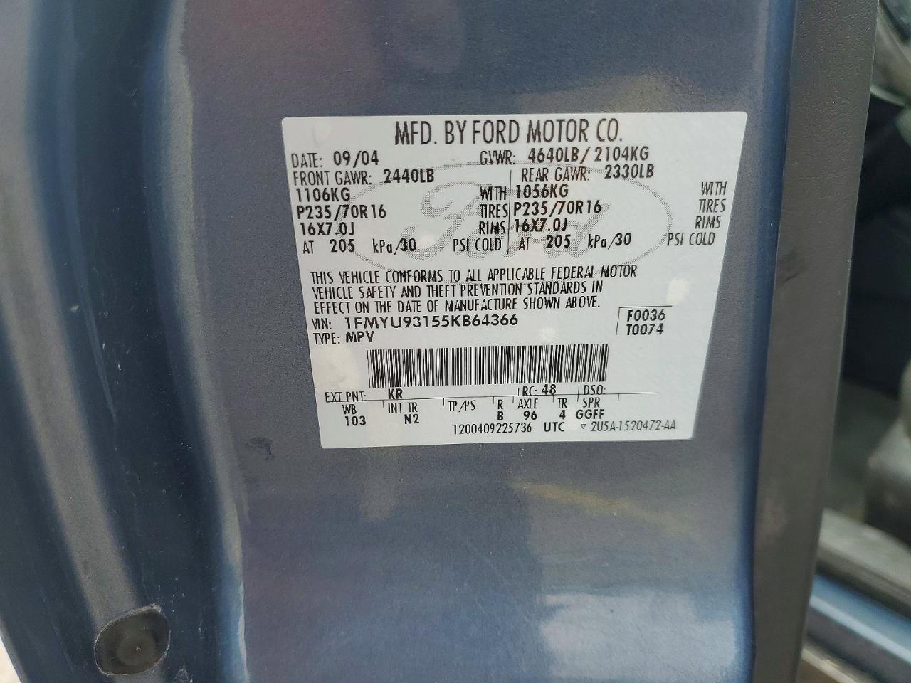 2005 Ford Escape Xlt Blue vin: 1FMYU93155KB64366