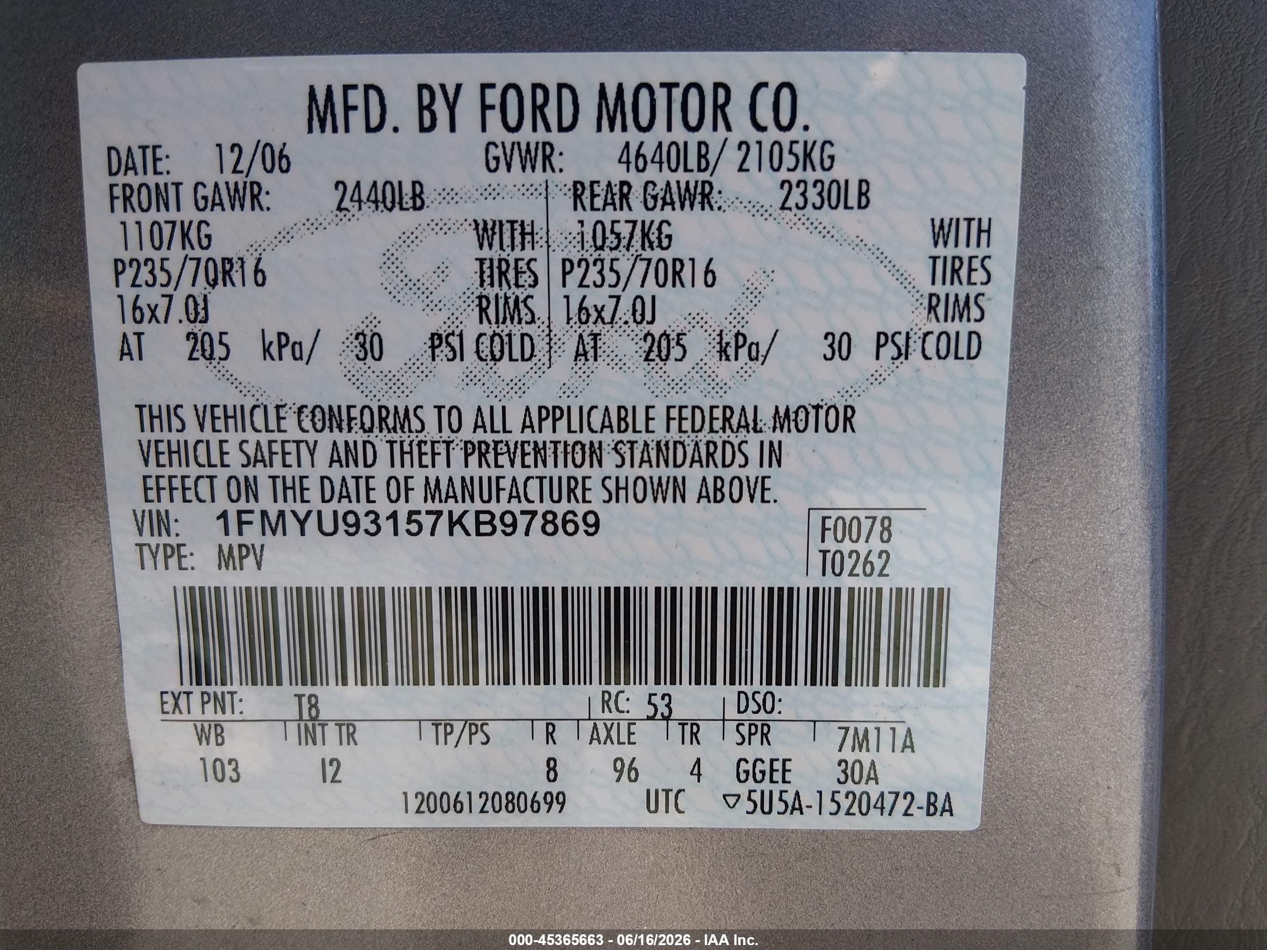 2007 Ford Escape   Серый vin: 1FMYU93157KB97869
