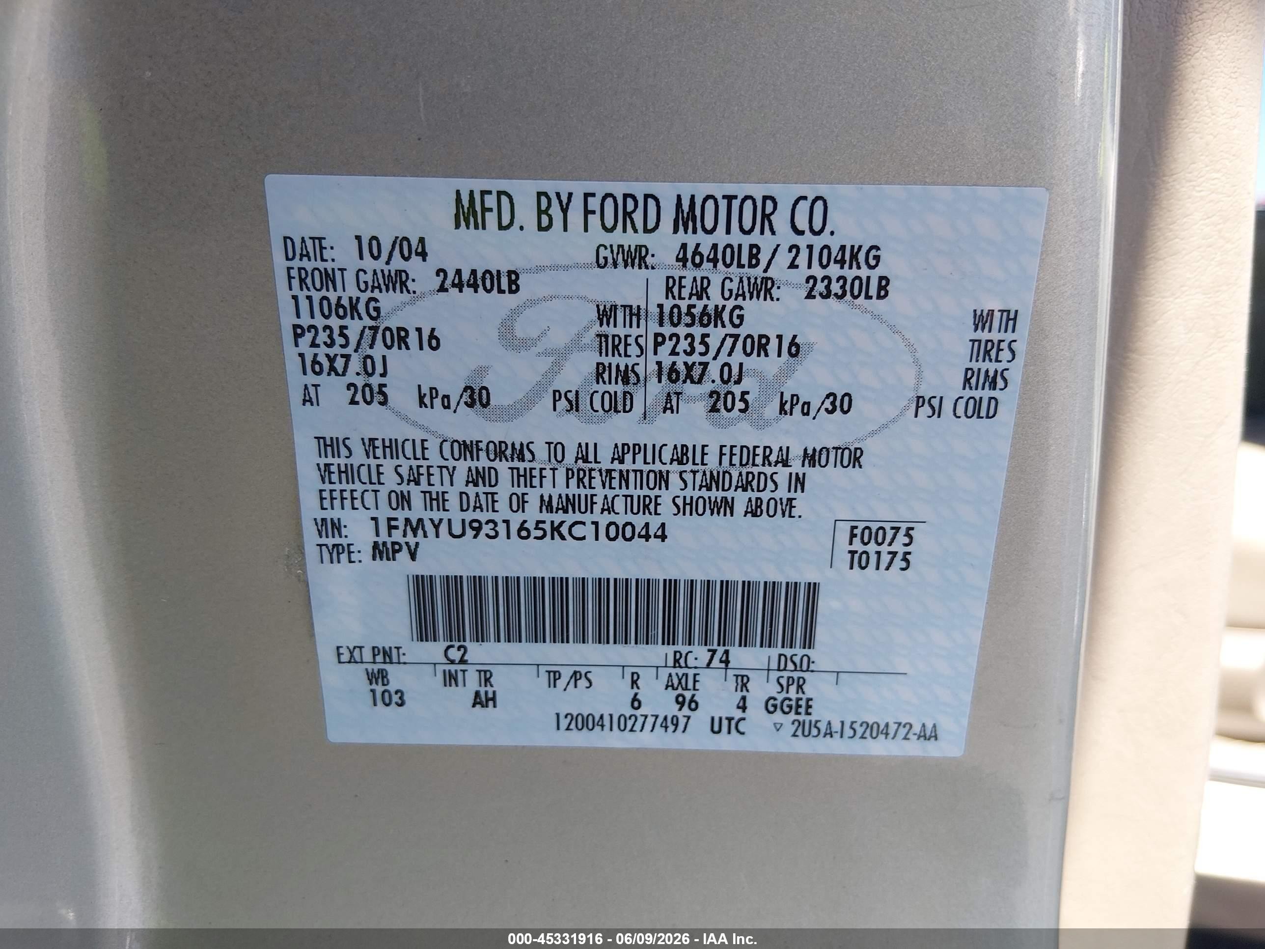 2005 Ford Escape Xlt Teal vin: 1FMYU93165KC10044