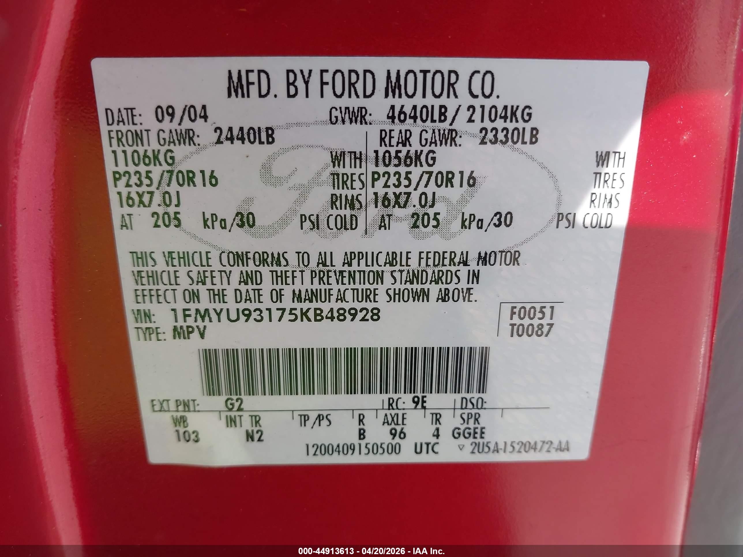 2005 Ford Escape Xlt Red vin: 1FMYU93175KB48928