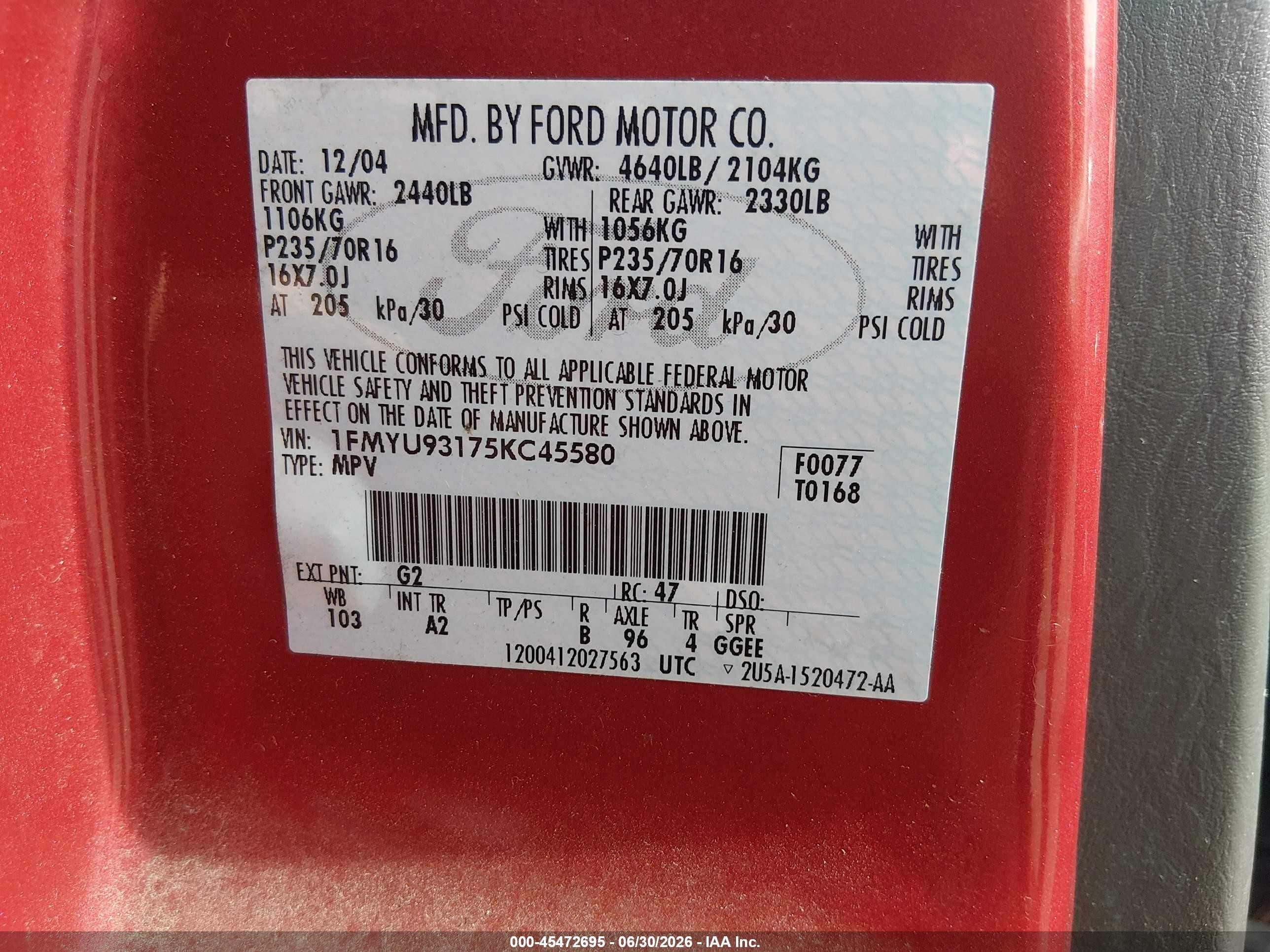 2005 Ford Escape Xlt Red vin: 1FMYU93175KC45580