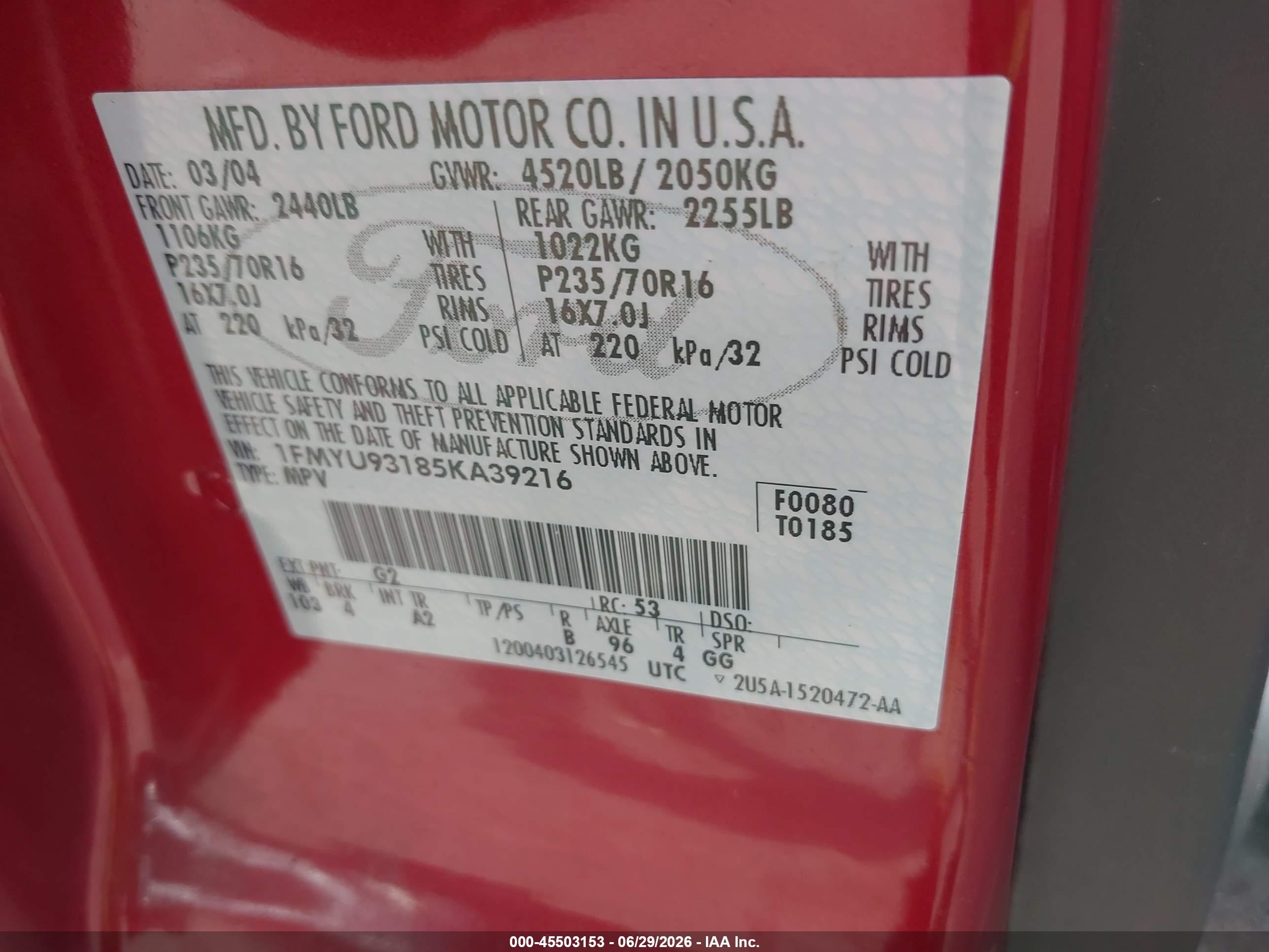 2005 Ford Escape Xlt Red vin: 1FMYU93185KA39216