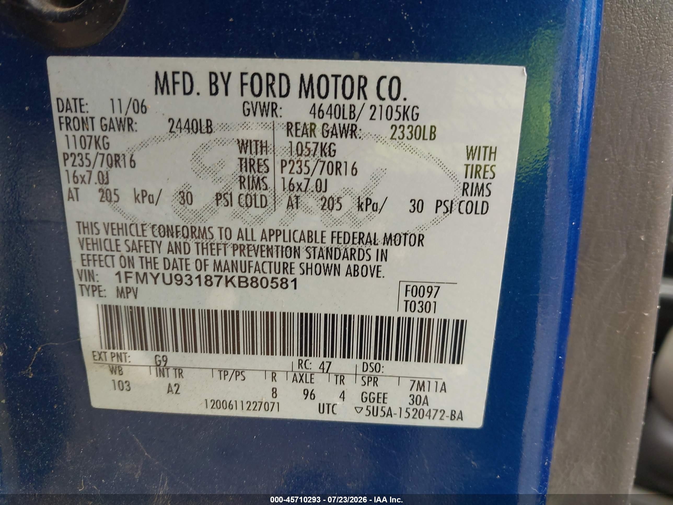 2007 Ford Escape Xlt/xlt Sport Blue vin: 1FMYU93187KB80581