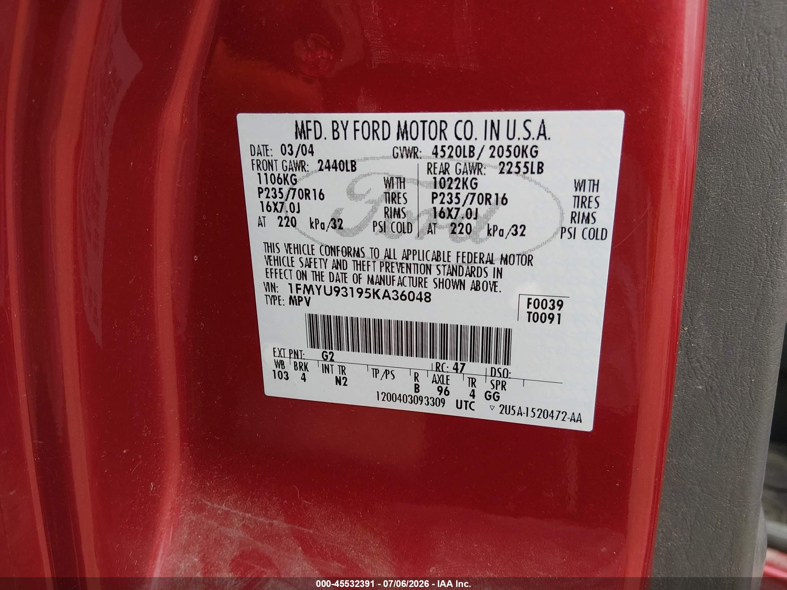 2005 Ford Escape Xlt Red vin: 1FMYU93195KA36048