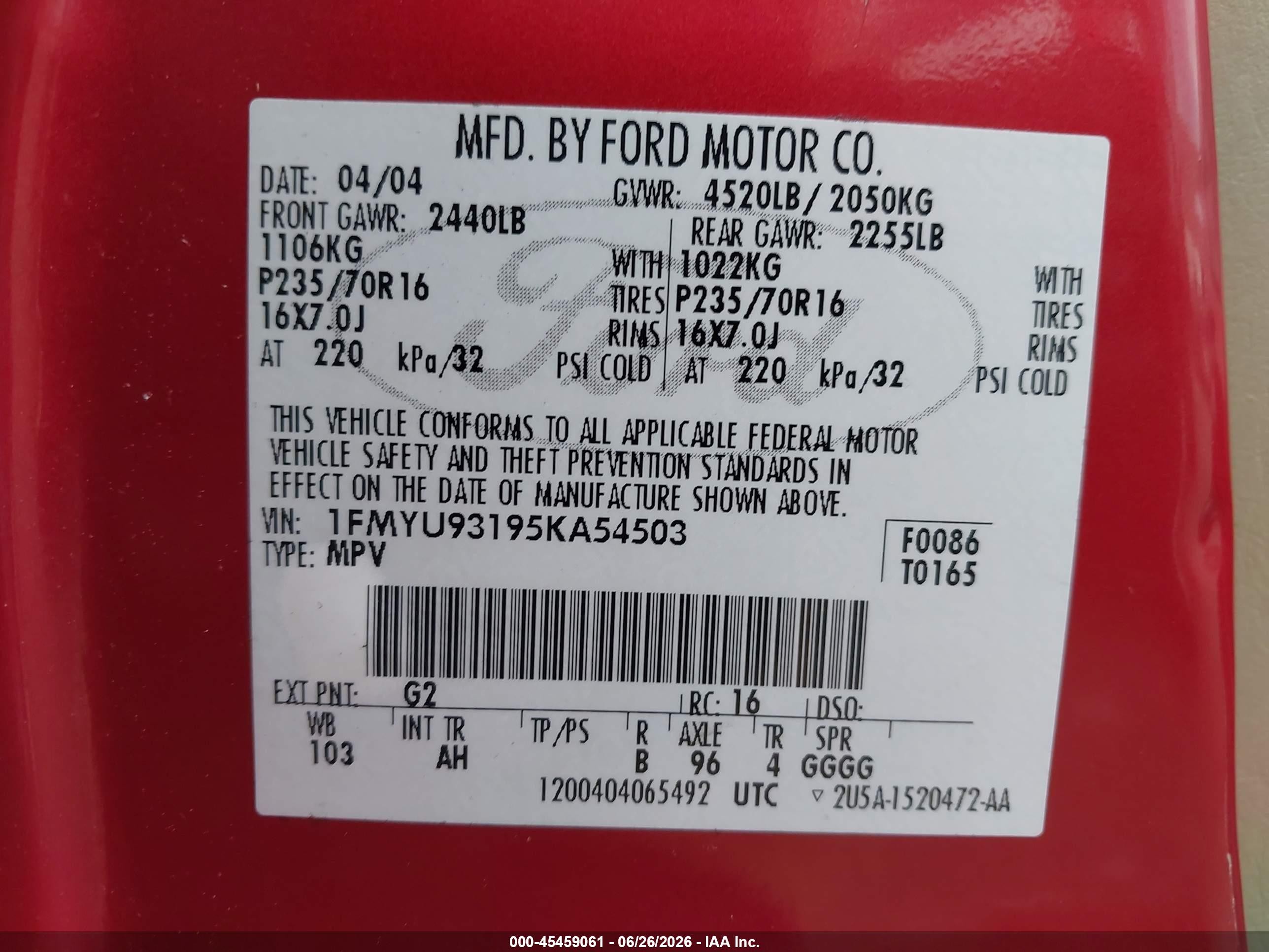2005 Ford Escape Xlt Red vin: 1FMYU93195KA54503