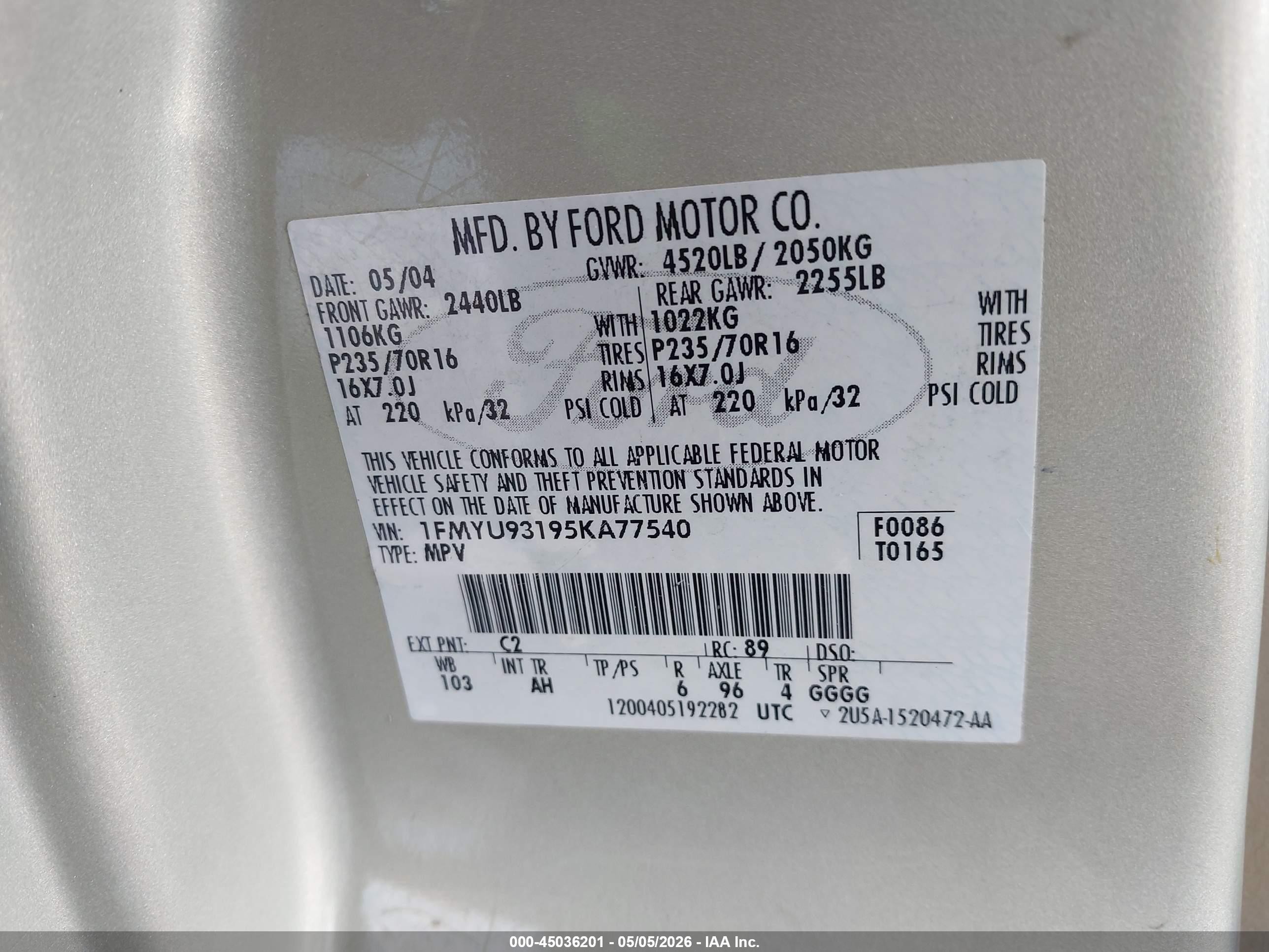 2005 Ford Escape Xlt Бирюзовый vin: 1FMYU93195KA77540