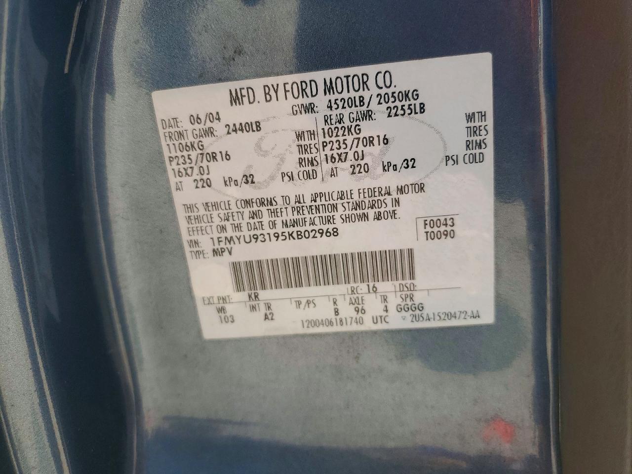 2005 Ford Escape Xlt Blue vin: 1FMYU93195KB02968