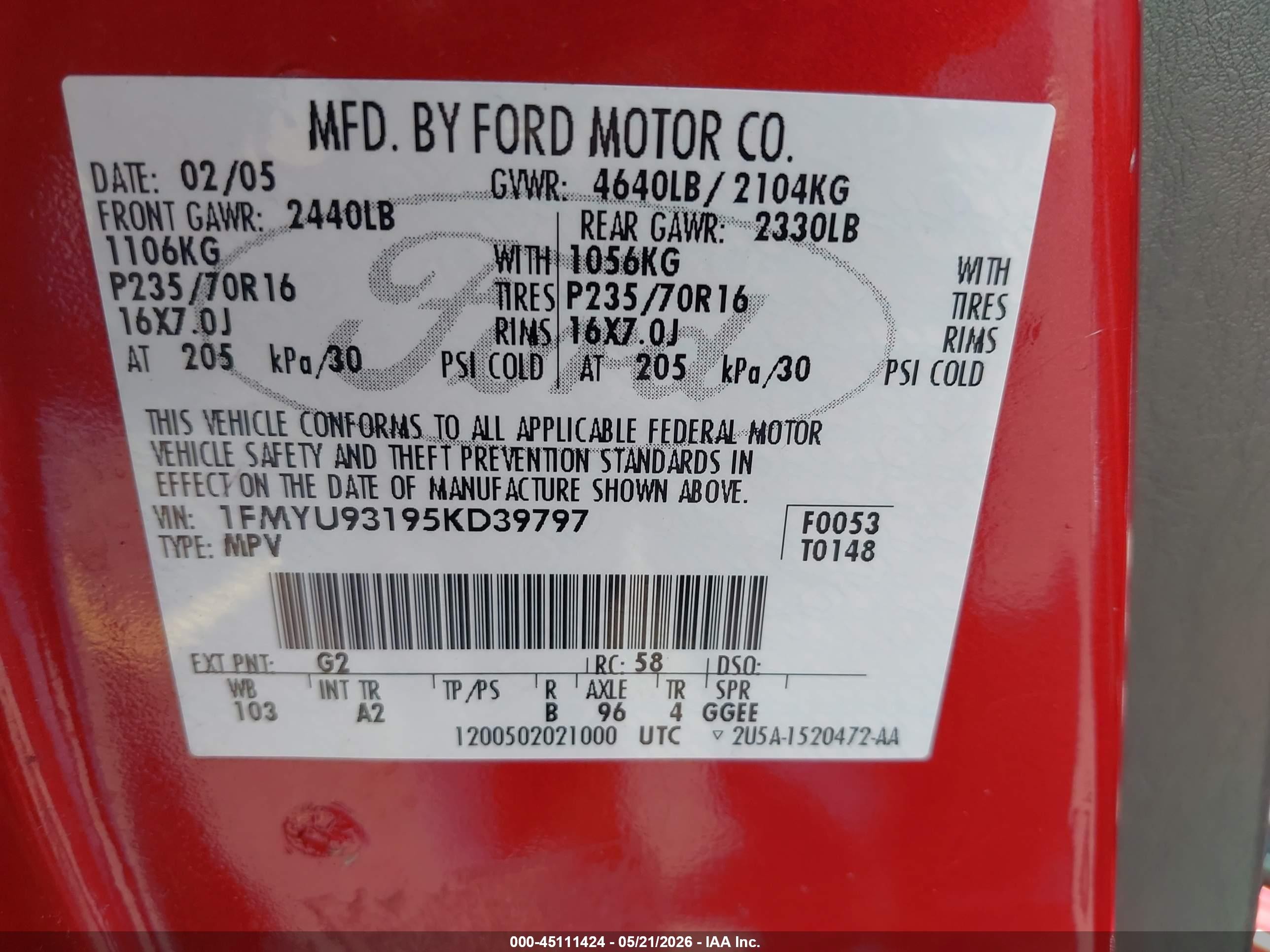 2005 Ford Escape Xlt Red vin: 1FMYU93195KD39797