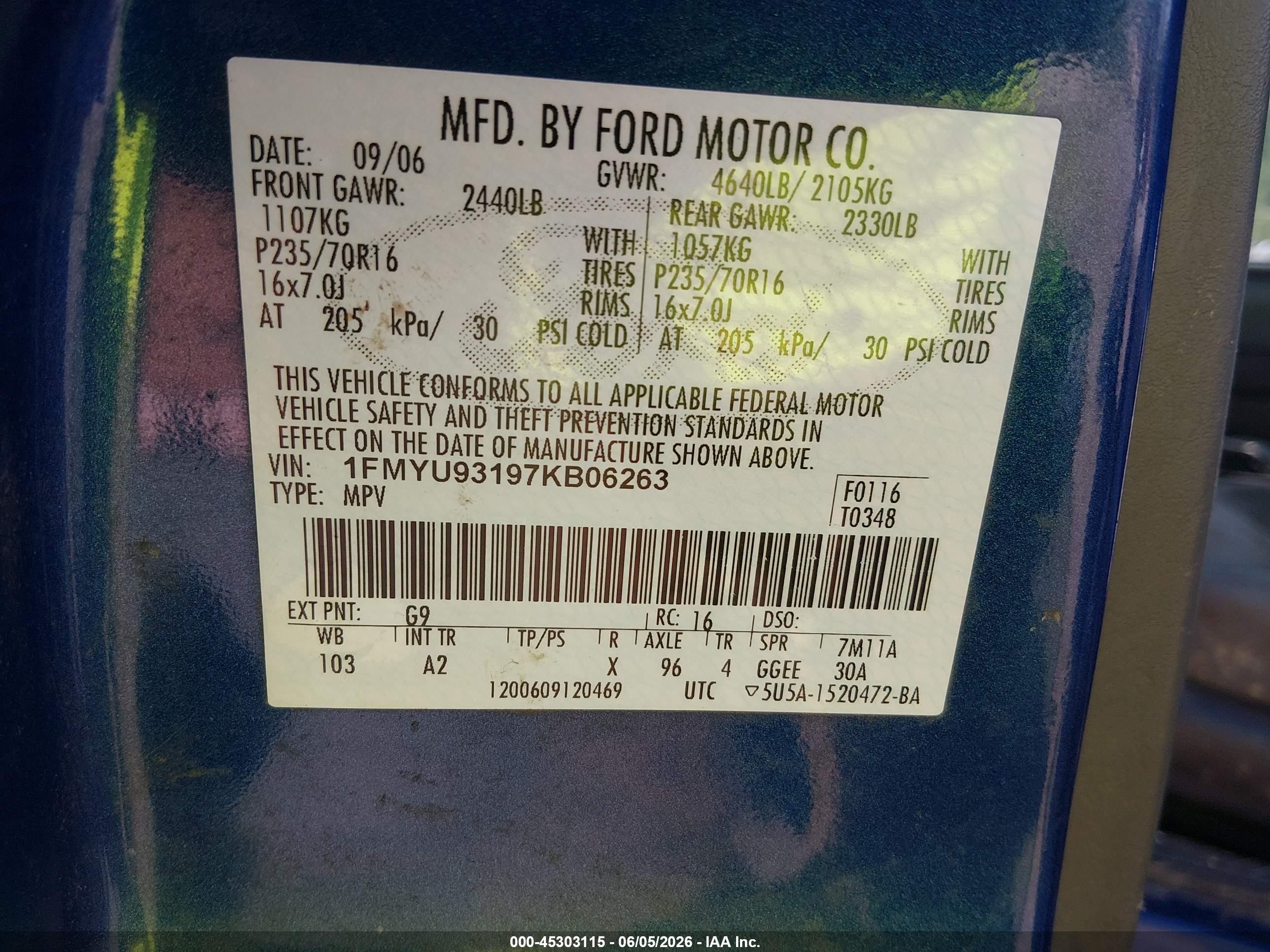 2007 Ford Escape Xlt/xlt Sport Blue vin: 1FMYU93197KB06263