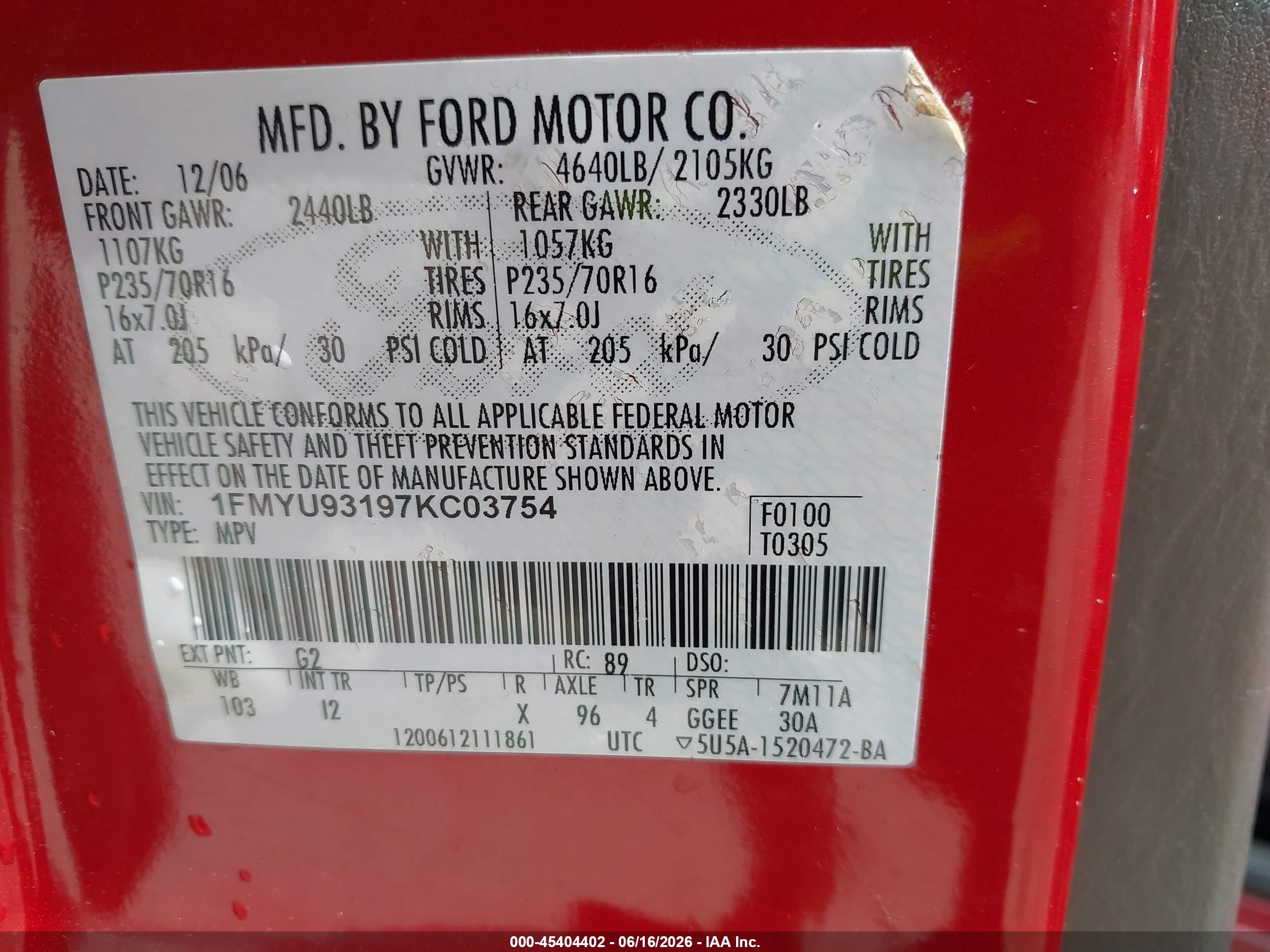 2007 Ford Escape Xlt/xlt Sport Red vin: 1FMYU93197KC03754