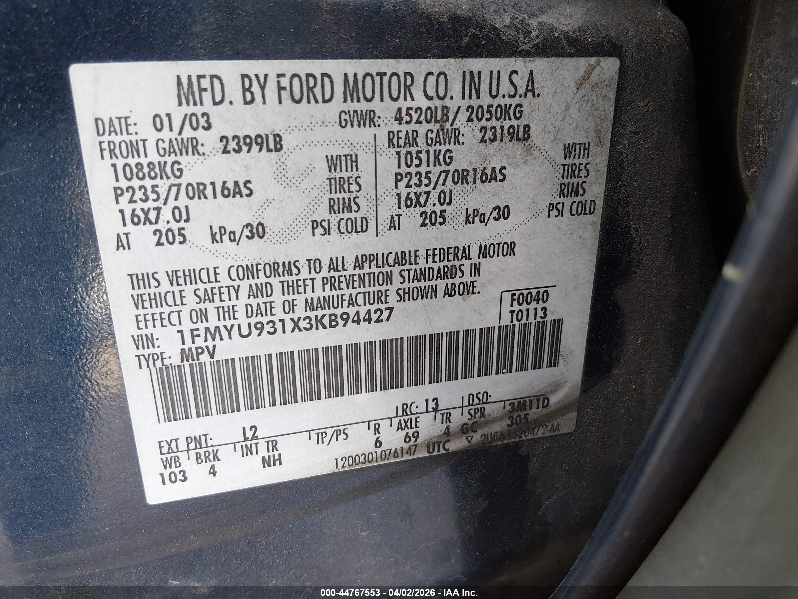 2003 Ford Escape Xlt Blue vin: 1FMYU931X3KB94427