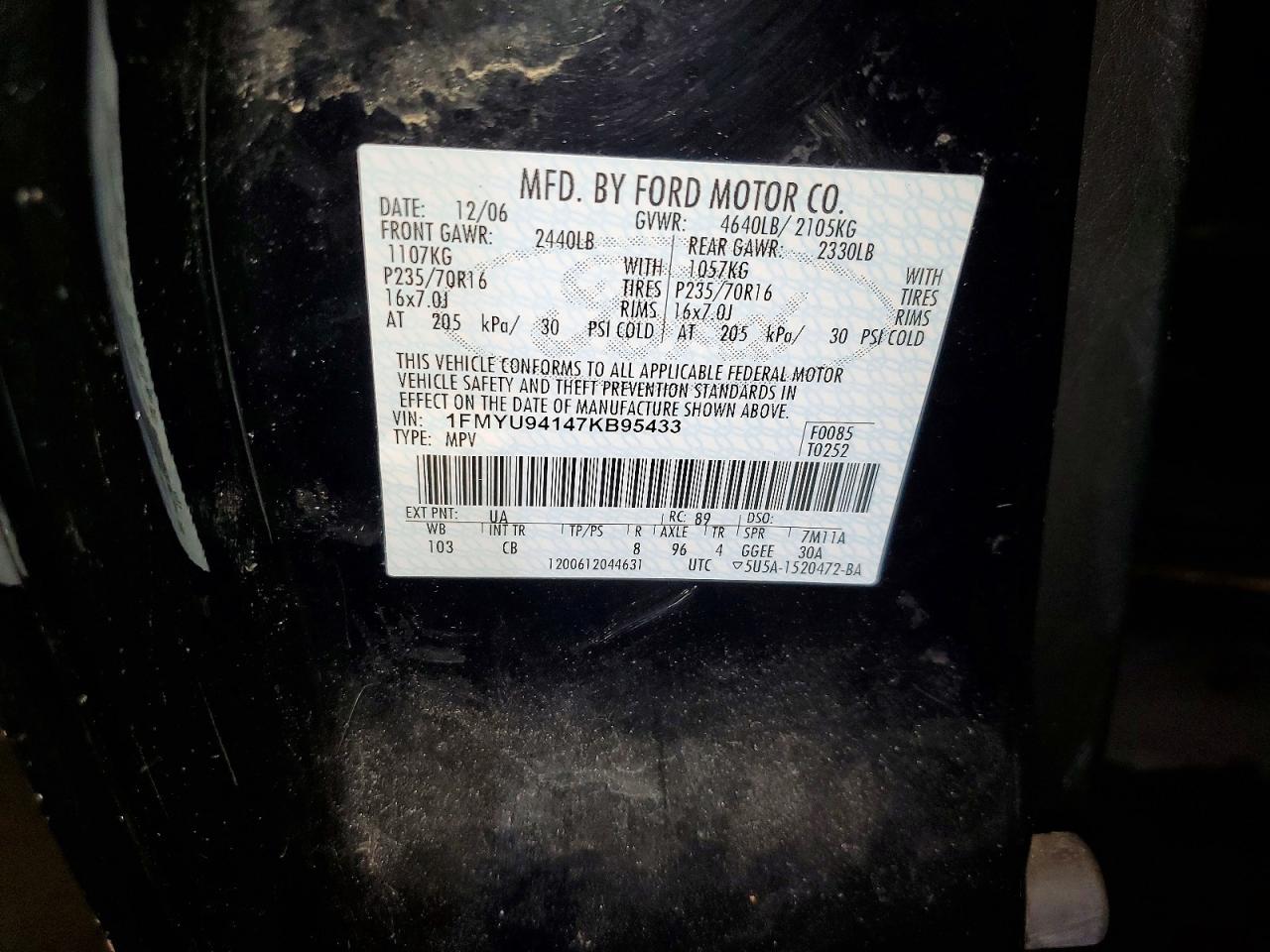 2007 Ford Escape Limited Black vin: 1FMYU94147KB95433