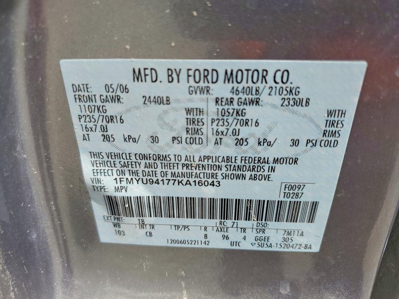 2007 Ford Escape Limited Gray vin: 1FMYU94177KA16043