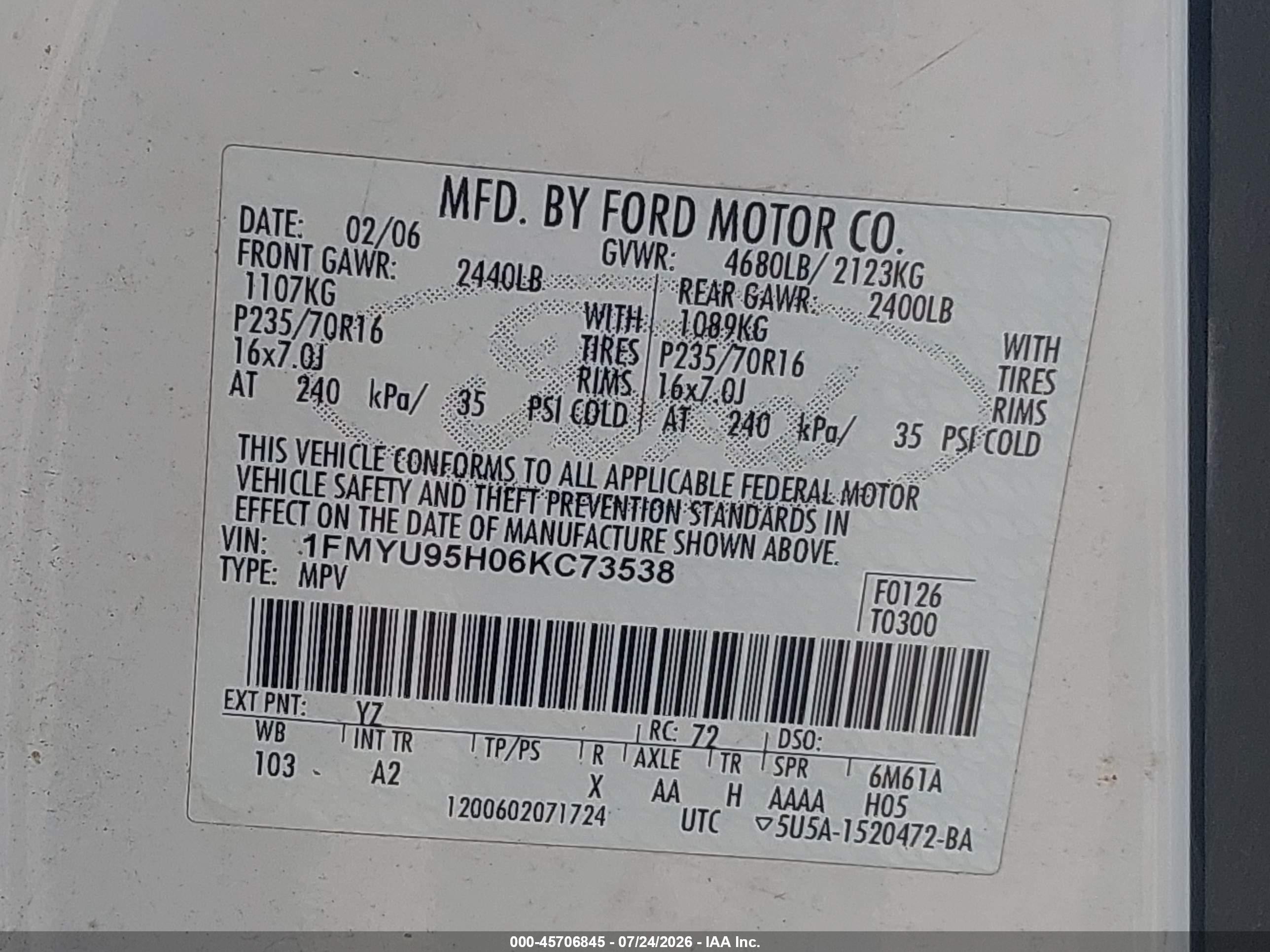 2006 Ford Escape Hybrid   White vin: 1FMYU95H06KC73538