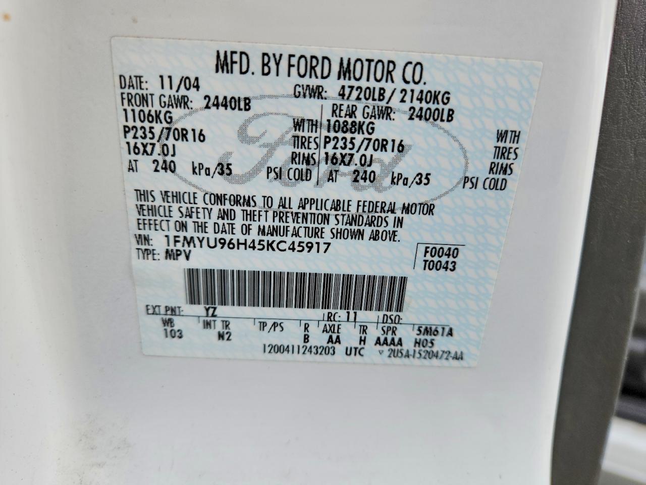 2005 Ford Escape Hev White vin: 1FMYU96H45KC45917