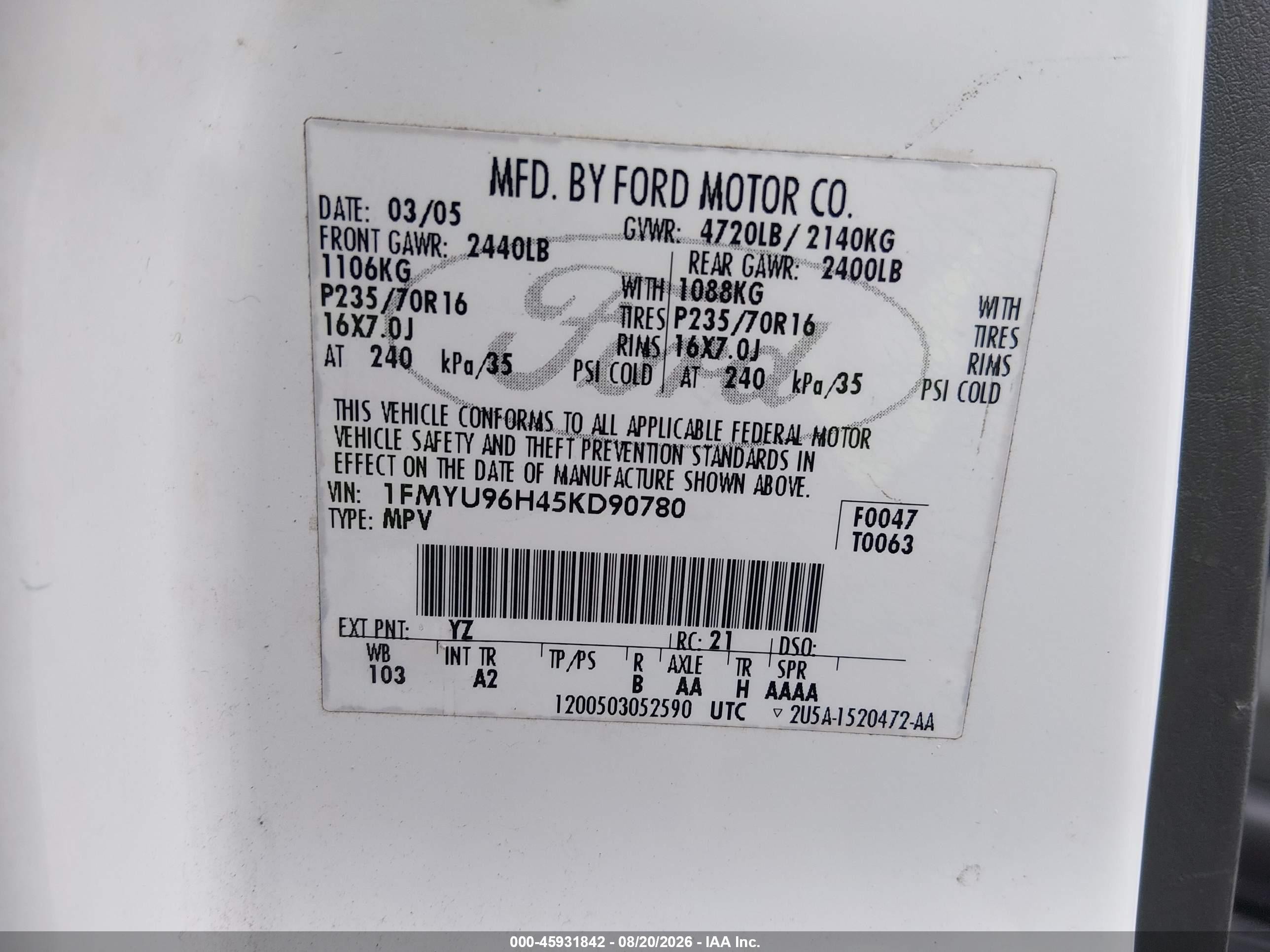 2005 Ford Escape Hybrid White vin: 1FMYU96H45KD90780