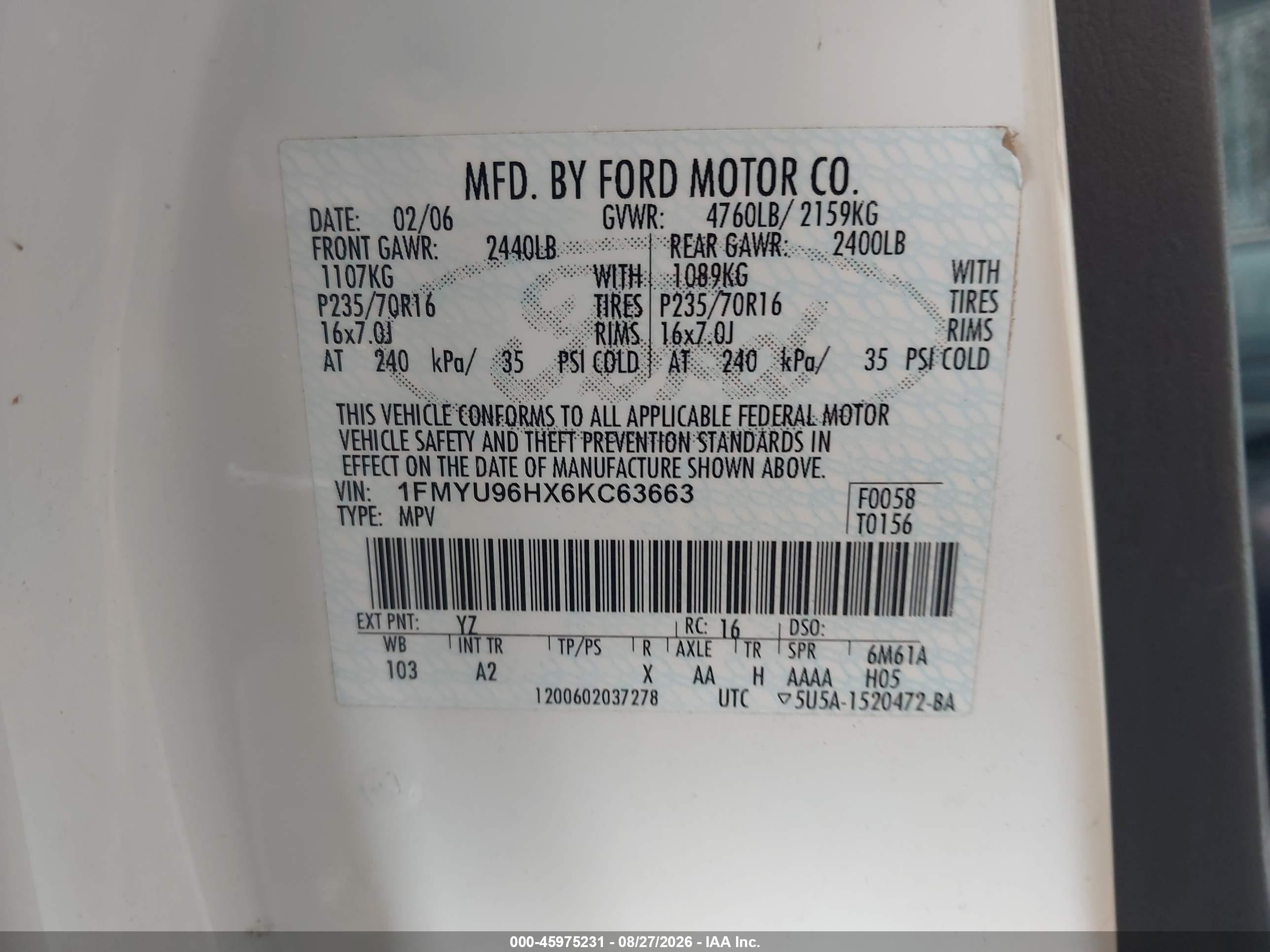 2006 Ford Escape Hybrid   White vin: 1FMYU96HX6KC63663