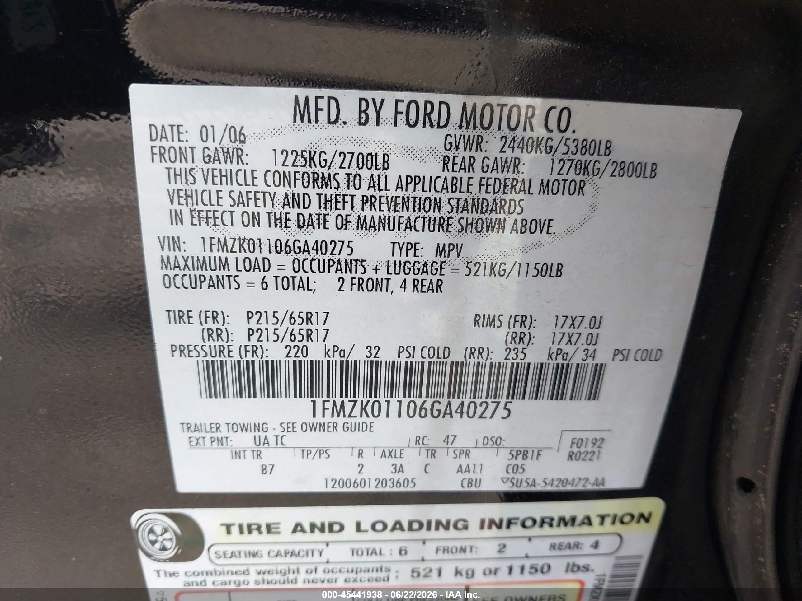 2006 Ford Freestyle Se Black vin: 1FMZK01106GA40275