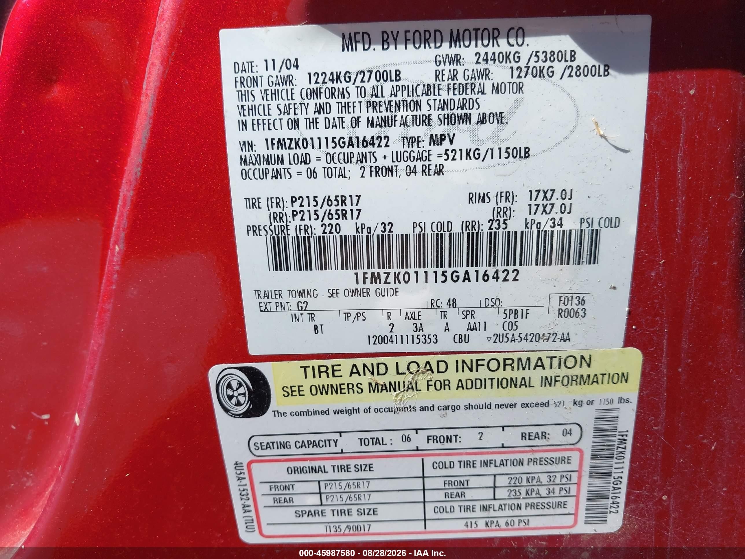 2005 Ford Freestyle Se Red vin: 1FMZK01115GA16422