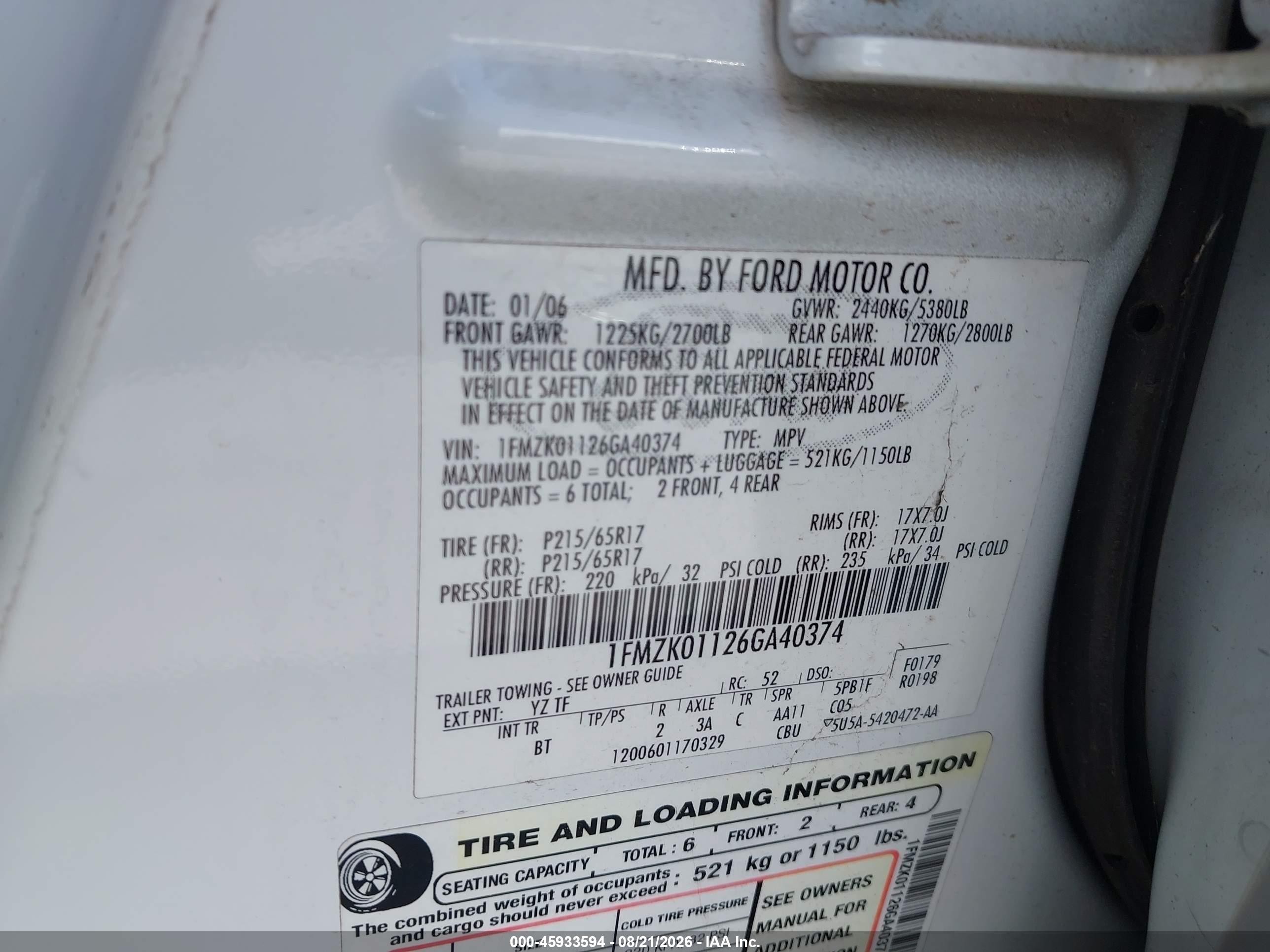 2006 Ford Freestyle Se White vin: 1FMZK01126GA40374