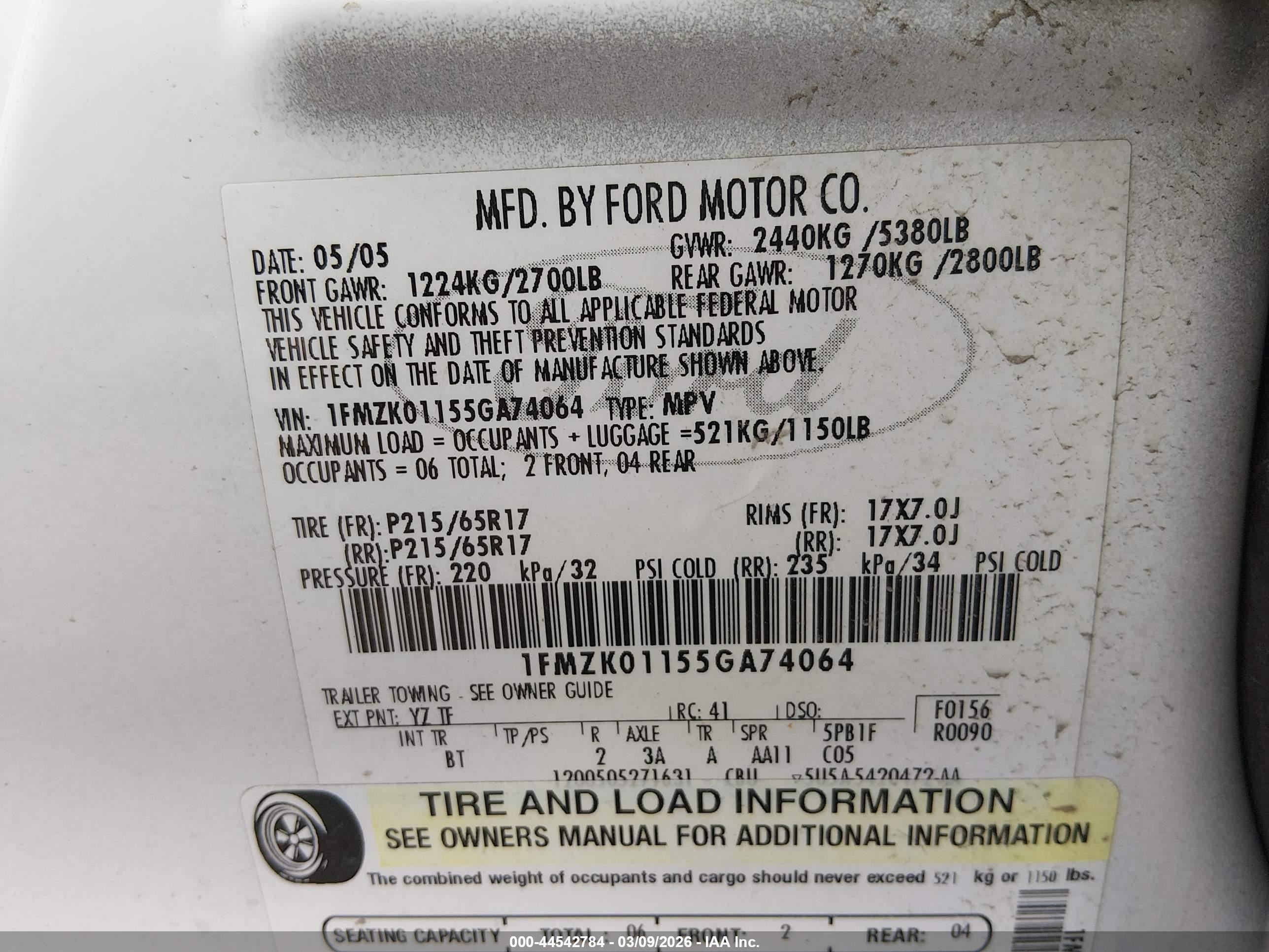 2005 Ford Freestyle Se White vin: 1FMZK01155GA74064