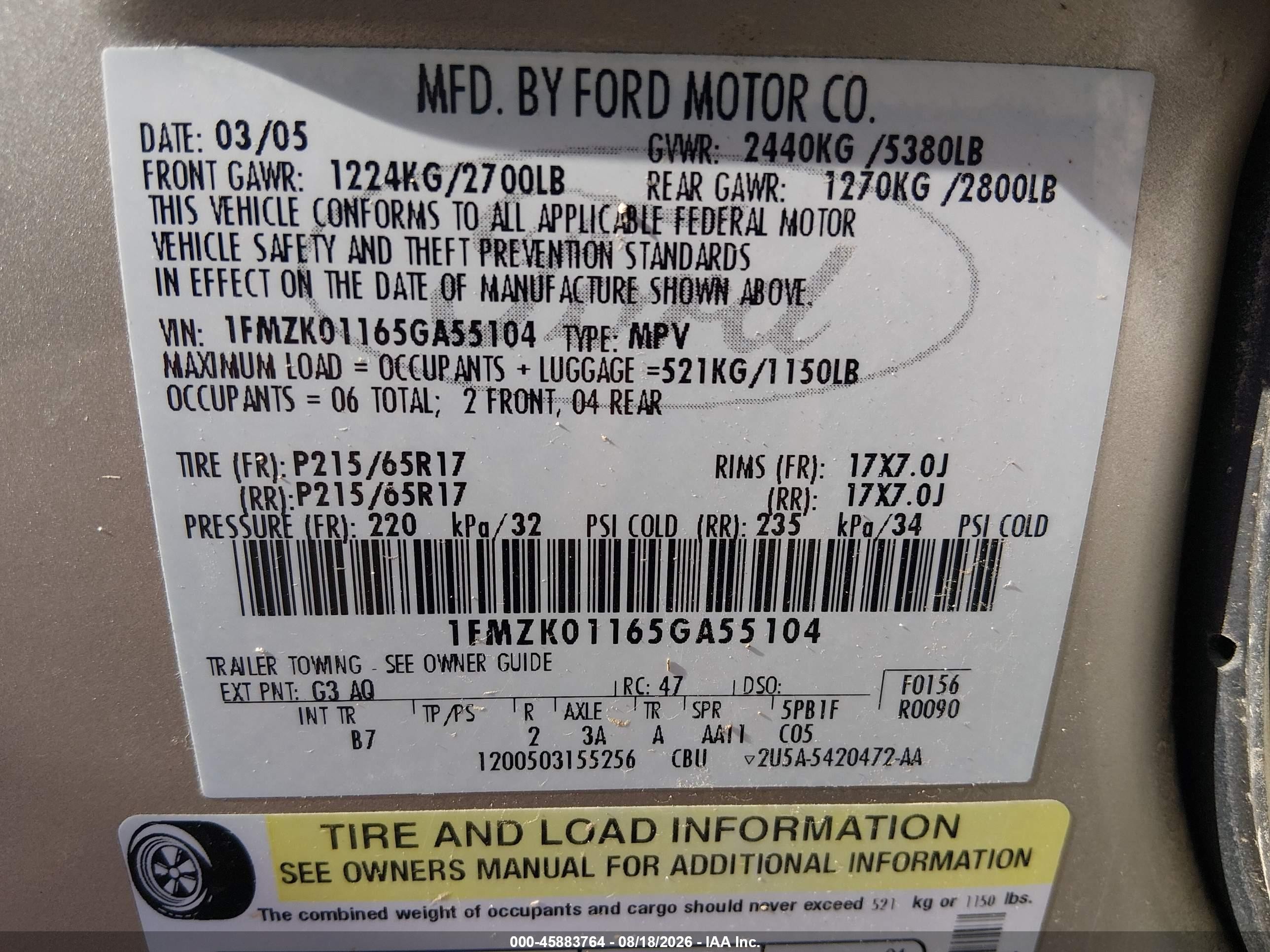 2005 Ford Freestyle Se Champagne vin: 1FMZK01165GA55104