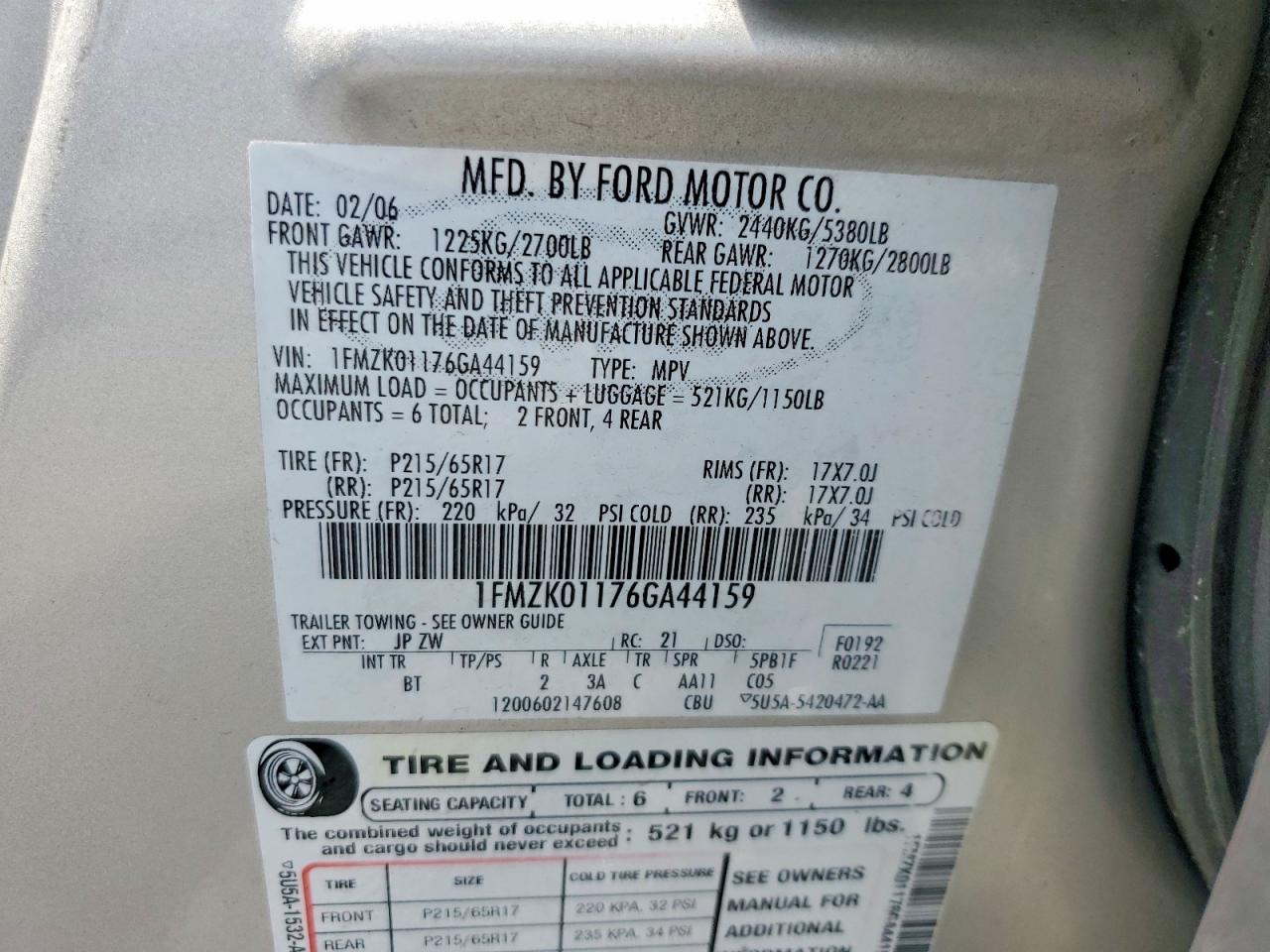 2006 Ford Freestyle Se Silver vin: 1FMZK01176GA44159