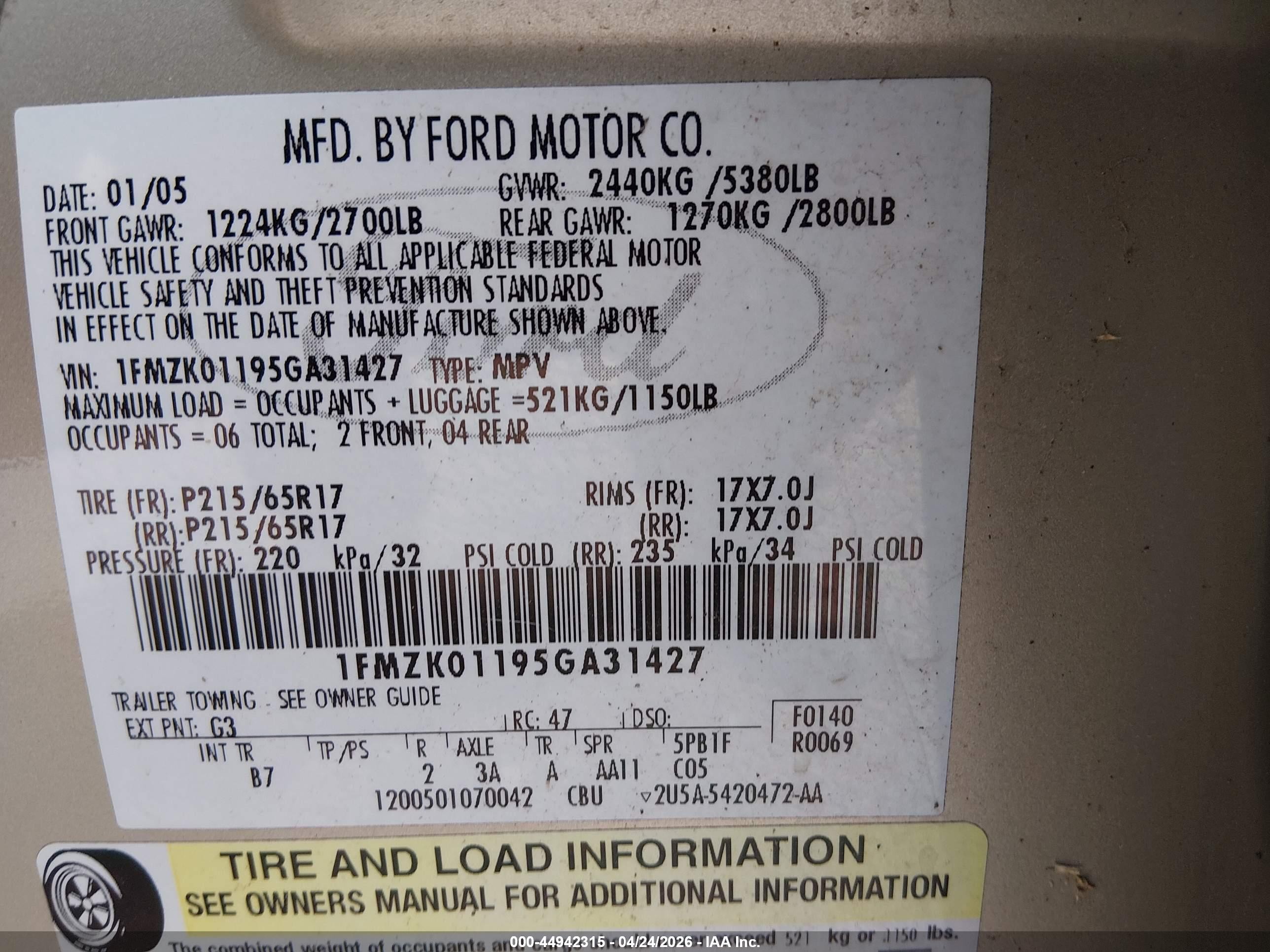 2005 Ford Freestyle Se Gold vin: 1FMZK01195GA31427