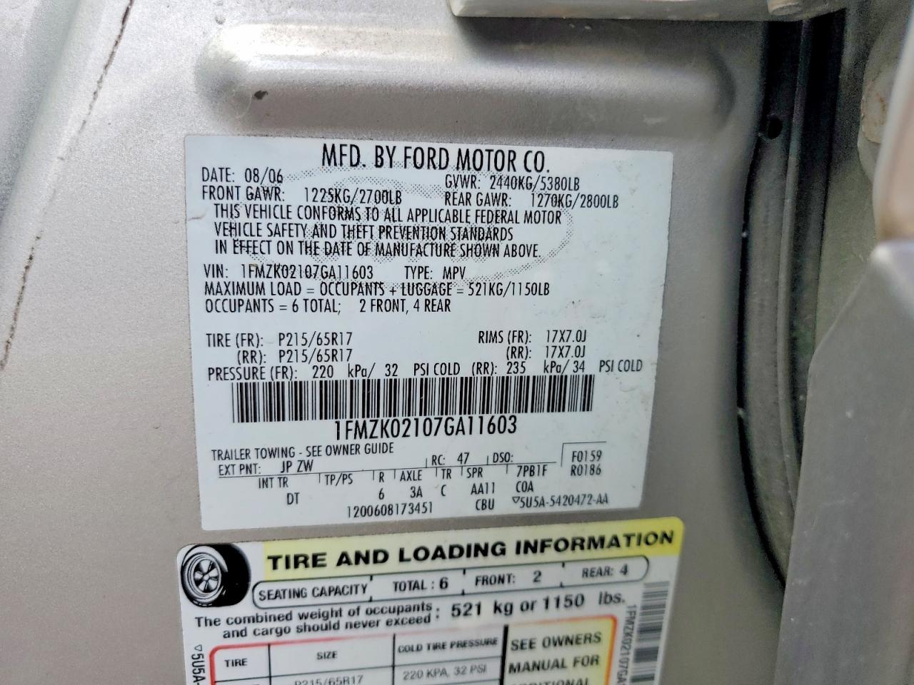 2007 Ford Freestyle Sel Silver vin: 1FMZK02107GA11603
