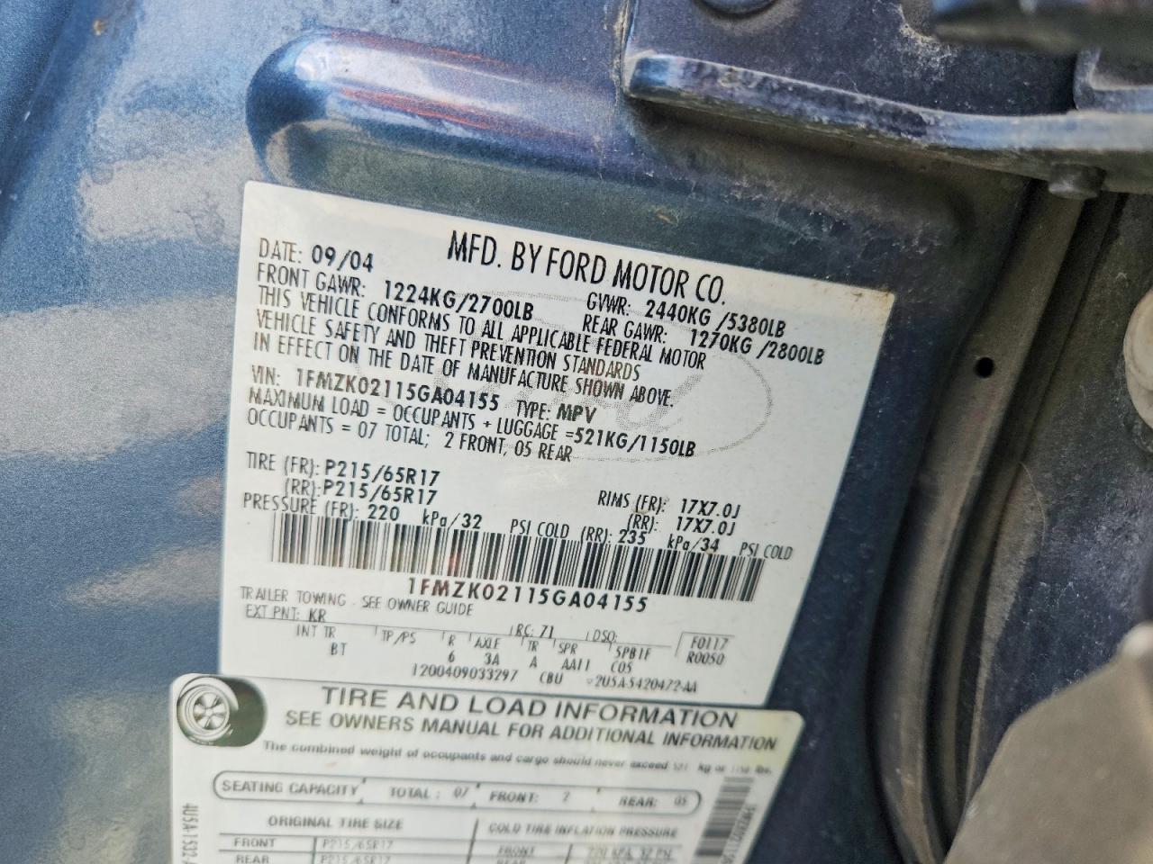 2005 Ford Freestyle Sel Blue vin: 1FMZK02115GA04155