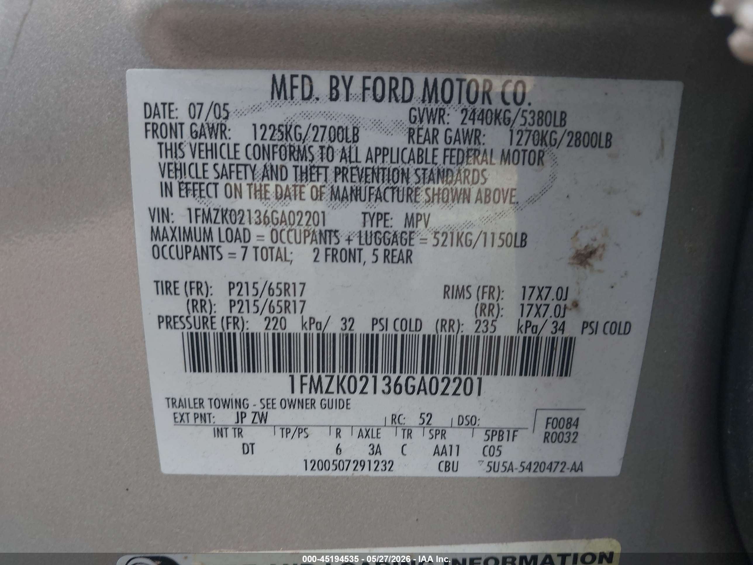 2006 Ford Freestyle Sel Silver vin: 1FMZK02136GA02201
