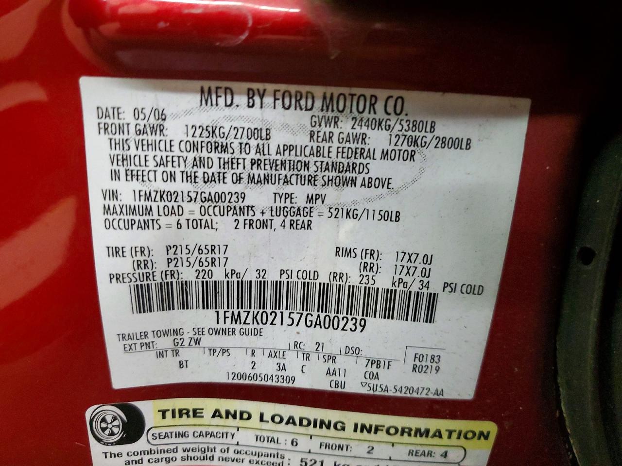 2007 Ford Freestyle Sel Red vin: 1FMZK02157GA00239